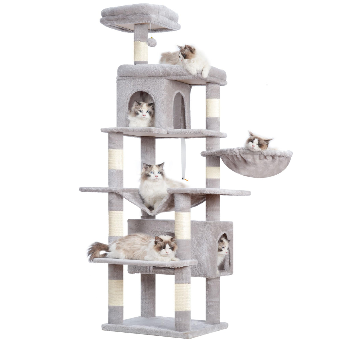 Heybly Cat Tree, 70-Inch Cat Tower For Indoor Cats, Multi-Level Plush Cat Condo With 8 Scratching Posts, 2 Caves, 2 Perches, Ham