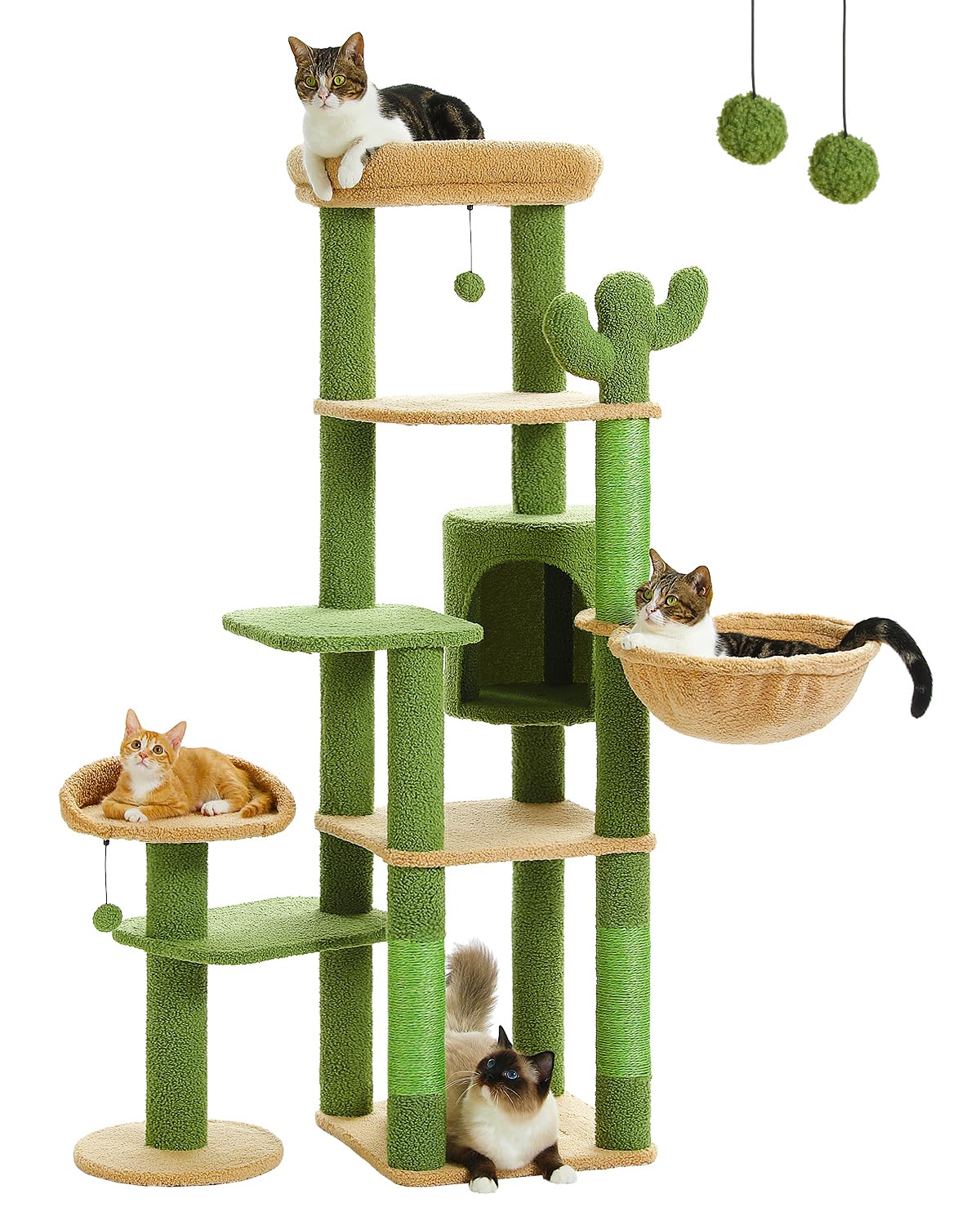 Muttros 59'' Cactus Cat Tree, Tall Cat Tree For Large Cat, Multi-Level Cat Tower, Cat Tree For Indoor Cats, Cat Condo With Large