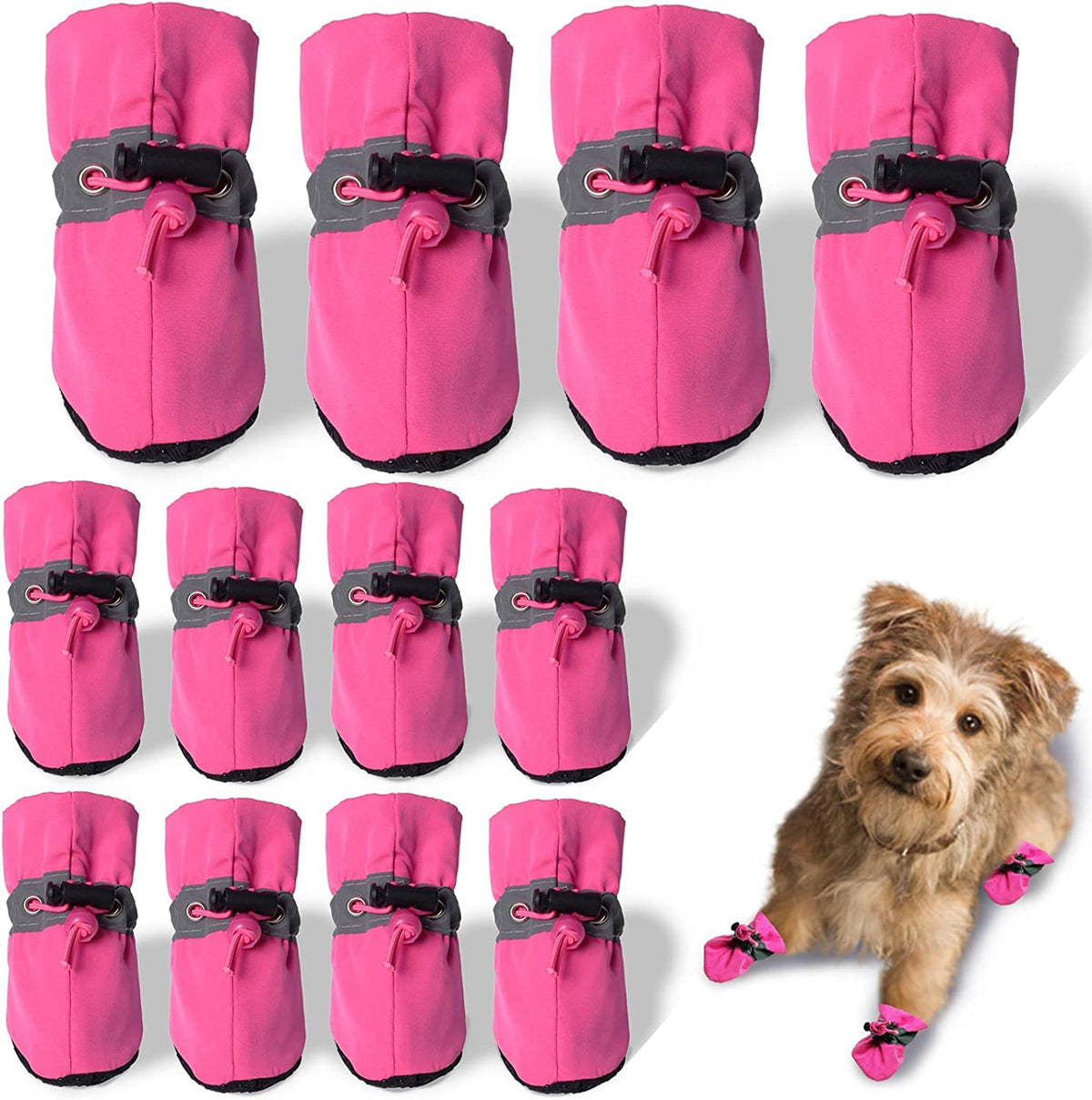 Teozzo Dog Shoes Dog Boots & Paw Protector, Anti-Slip Sole Winter Dog Booties With Reflective Straps, Size 7 (Pink, 12Pcs)
