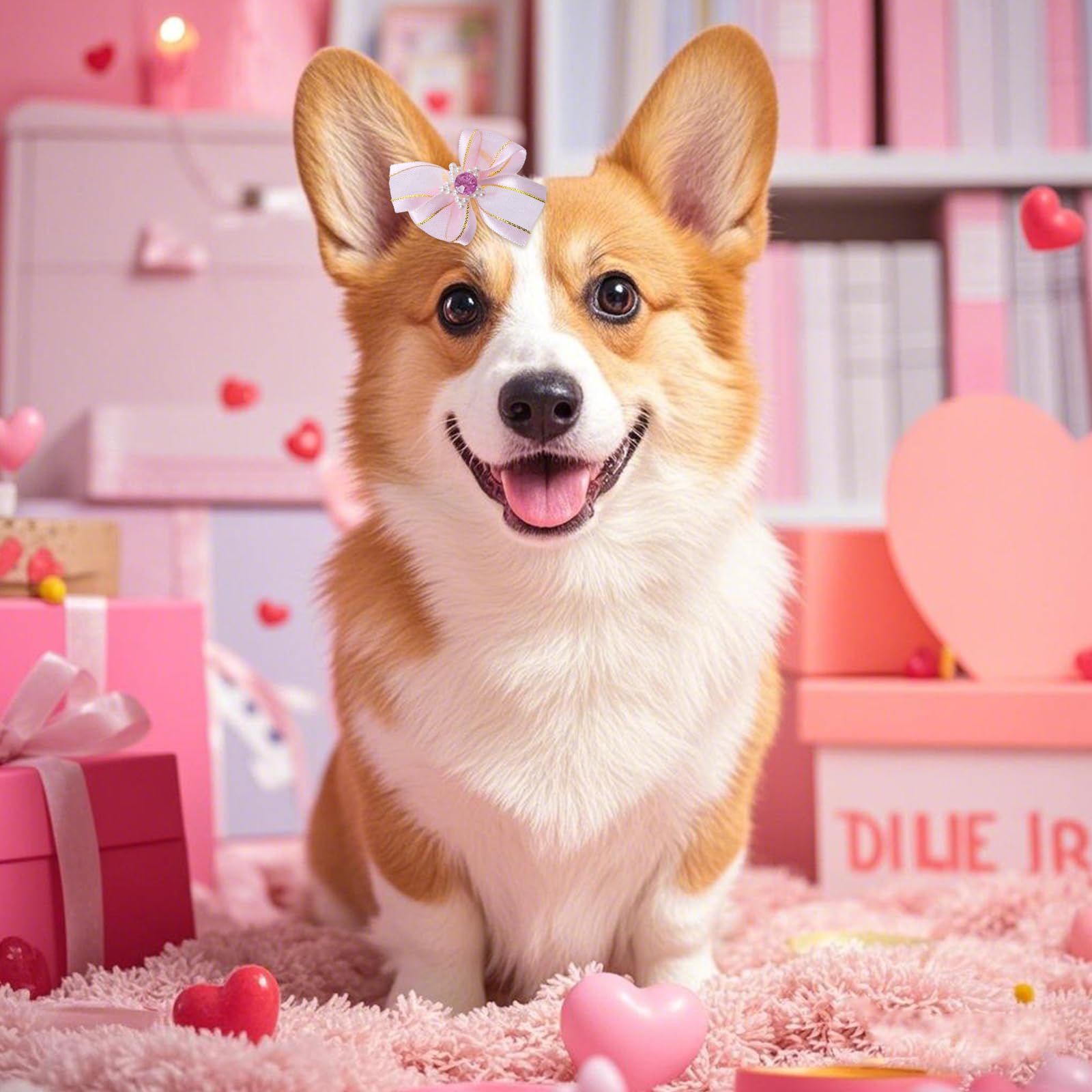 20 Pcs Cute Dog Hair Bows With Rubber Bands Elastic Handmade Mix Style Lace Rhinestone Pearls For Furry Puppy Cat Pet Girl, Pink