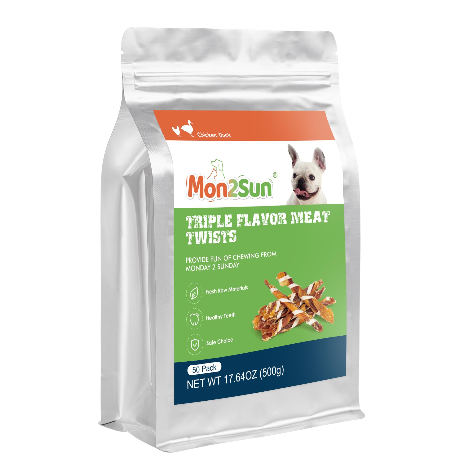 MON2SUN Dog Treats, Triple Flavor Jerky Twist Sticks, 4.5-5 Inch Chicken Duck and Codfish Sticks Chews for Small Dogs, Healthy S