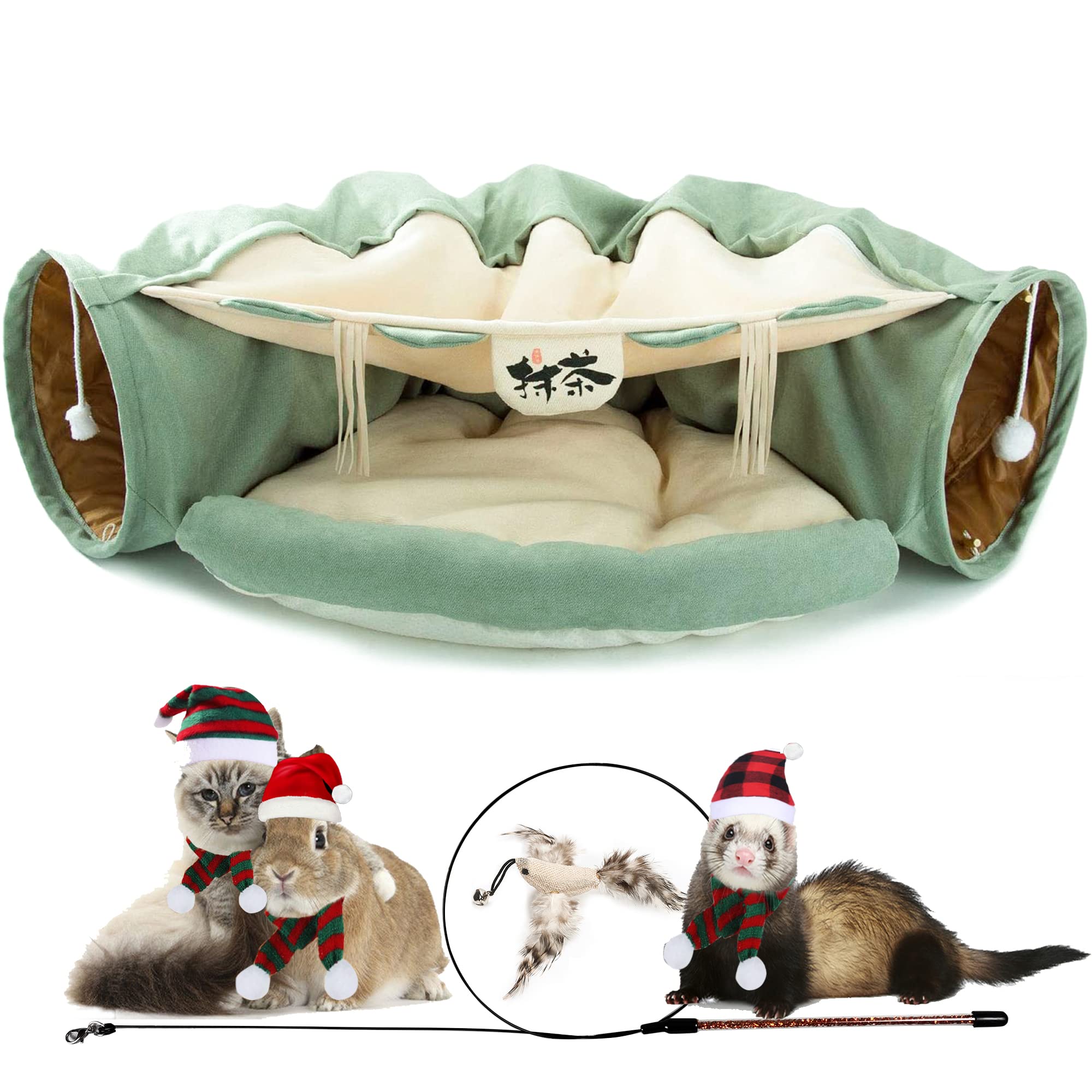 KUCDBUN Cat Tunnel Bed, 2-in-1 Collapsible Cat Tunnel Tubes Toys with Removable Mat for Pet Cats Kittens Puppies Rabbits Bunnies