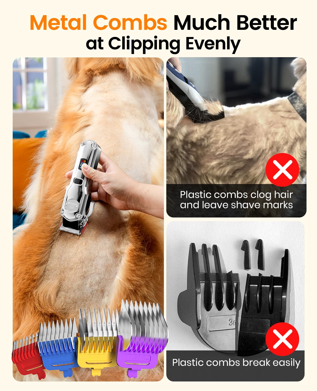 oneisall Pet Clippers for Grooming Professional,Cordless/Rechargeable Dog Grooming Kit with Detachable Metal Combs, Low Noise He