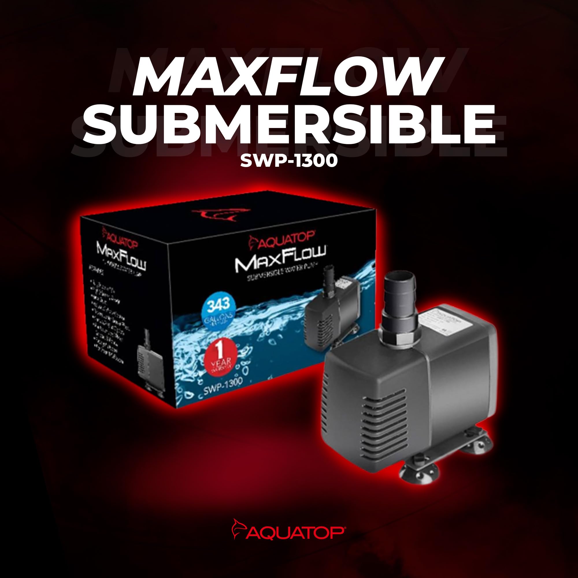 Aquatop MaxFlow Submersible Pump 343 GPH, Adjustable Flow, Plastic, Model SWP-1300, Efficient for Aquariums and Statuary