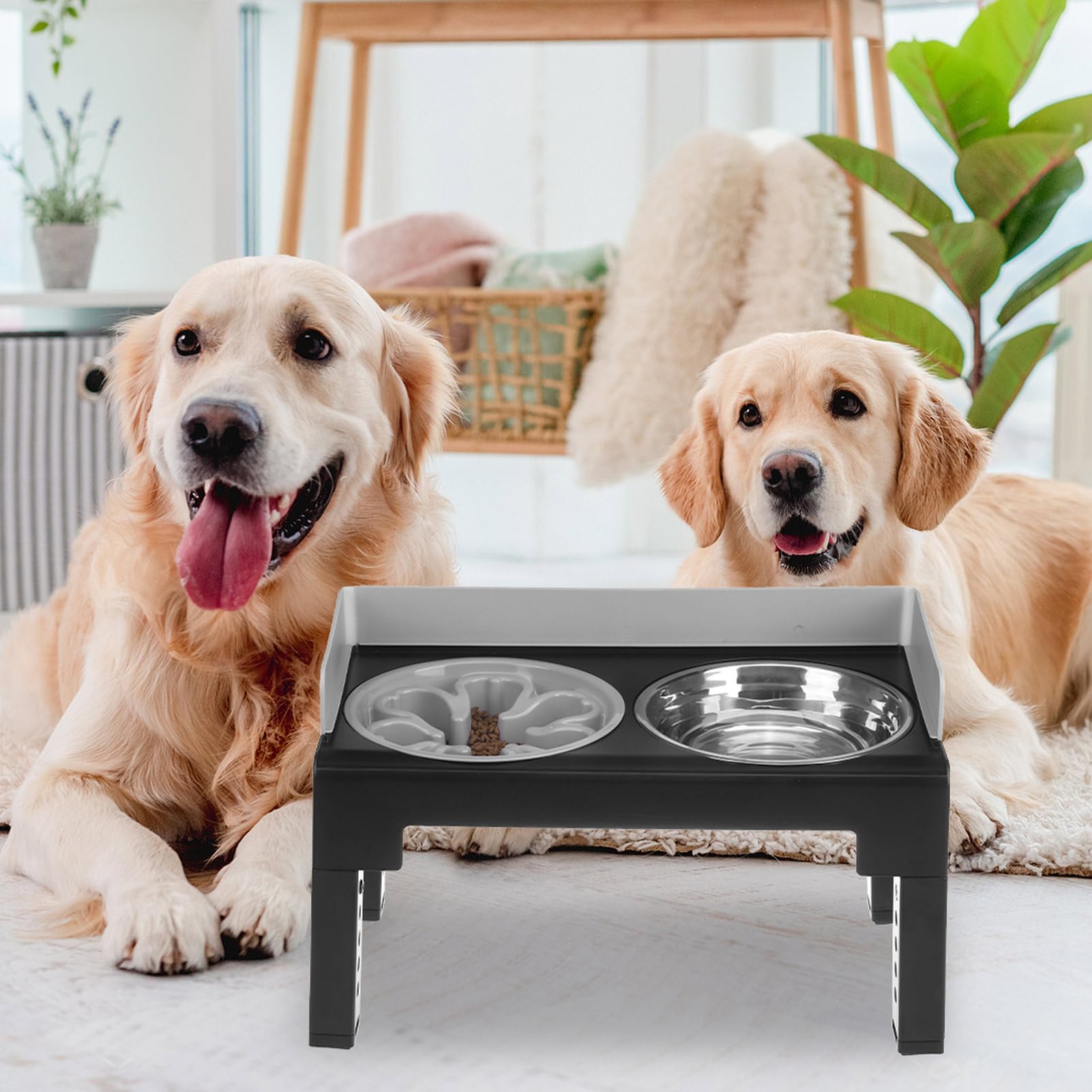 Pawchie Elevated Dog Bowls,Mess Proof Feeder For Large Dogs,6 Height Adjustable Raised Dog Bowl Stand With Slow Bowls & Water Bo