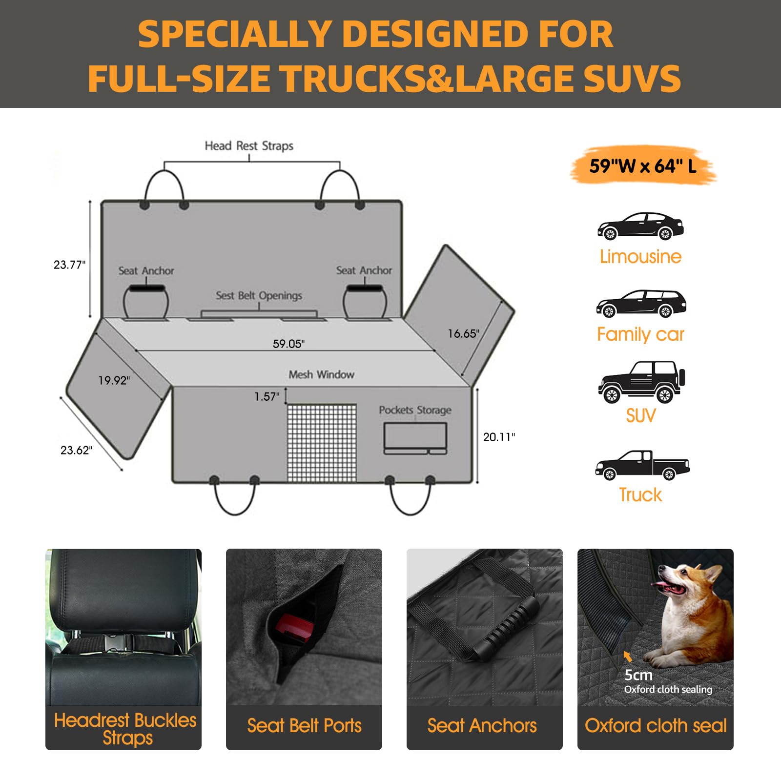 Nzonpet Dog Back Seat Covers For Trucks, 100% Waterproof With Big Mesh Window, Xl Nonslip Scratchproof Dog Truck Hammock, Heavy
