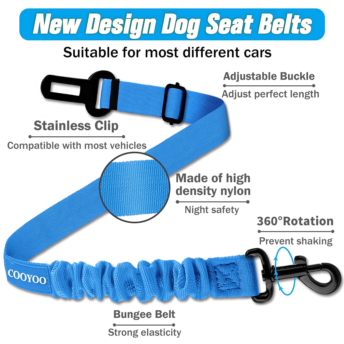 Cooyoo 3 Piece Set Retractable Dog Car Adjustable Pet Seat Belt For Vehicle Nylon Pet Safety Seat Belts Heavy Duty & Elastic & D