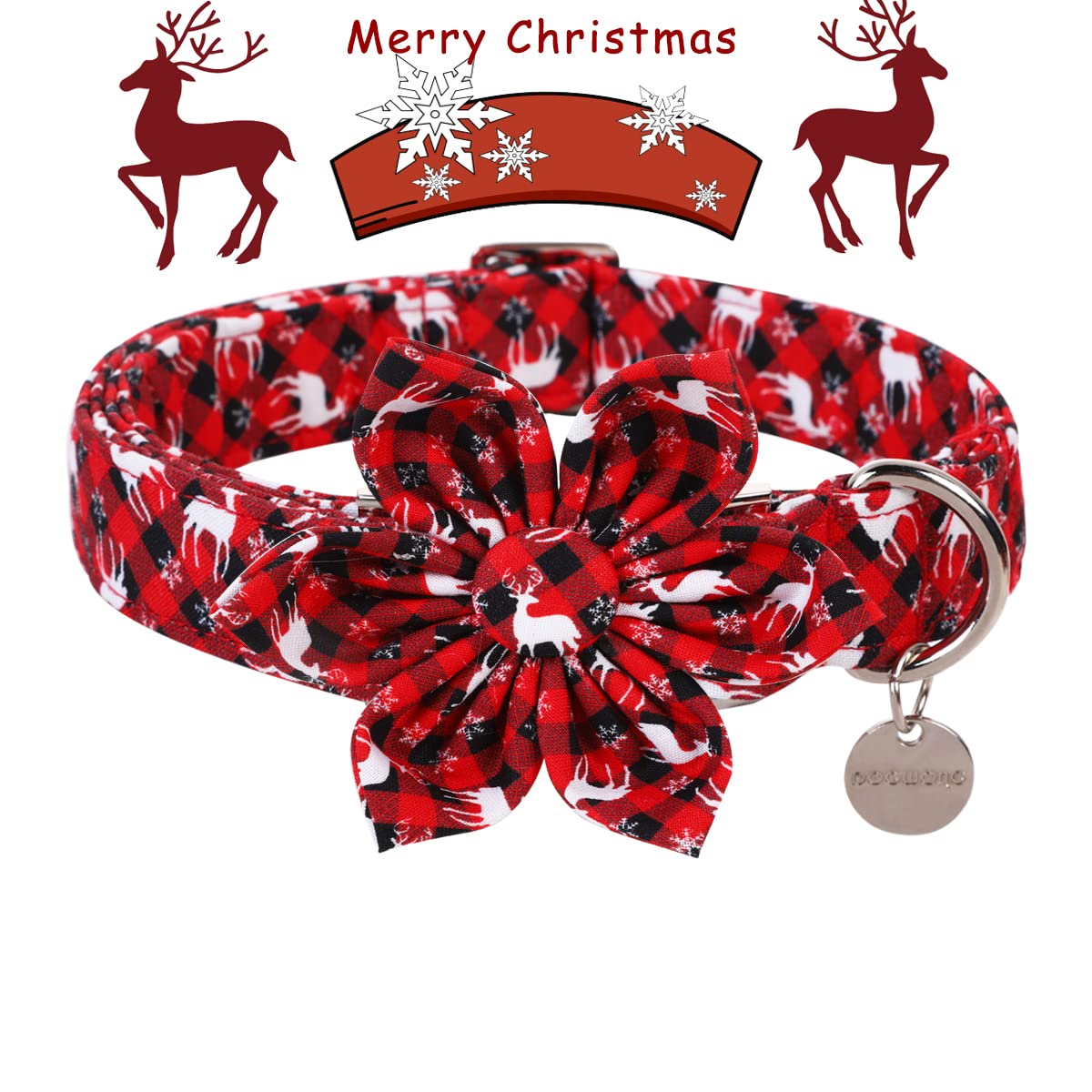 Dogwong Christmas Dog Collar With Flower, Red Plaid Deer Dog Collar Soft Durable Adjustable Cotton Puppy Collar For Small Medium