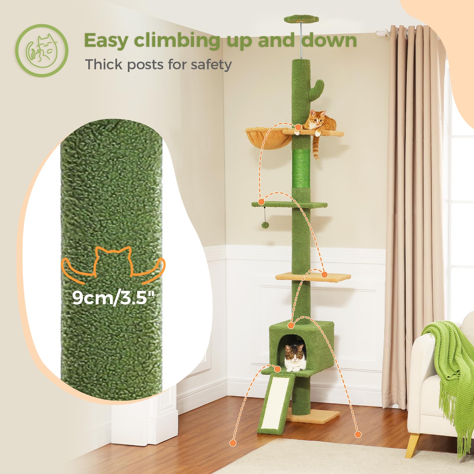 Pequlti Cat Tree Floor To Ceiling,Cactus Tall Cat Tower, Adjustable Height (83''-108'') 5 Tiers Climbing Tree For Indoor Cats Wi