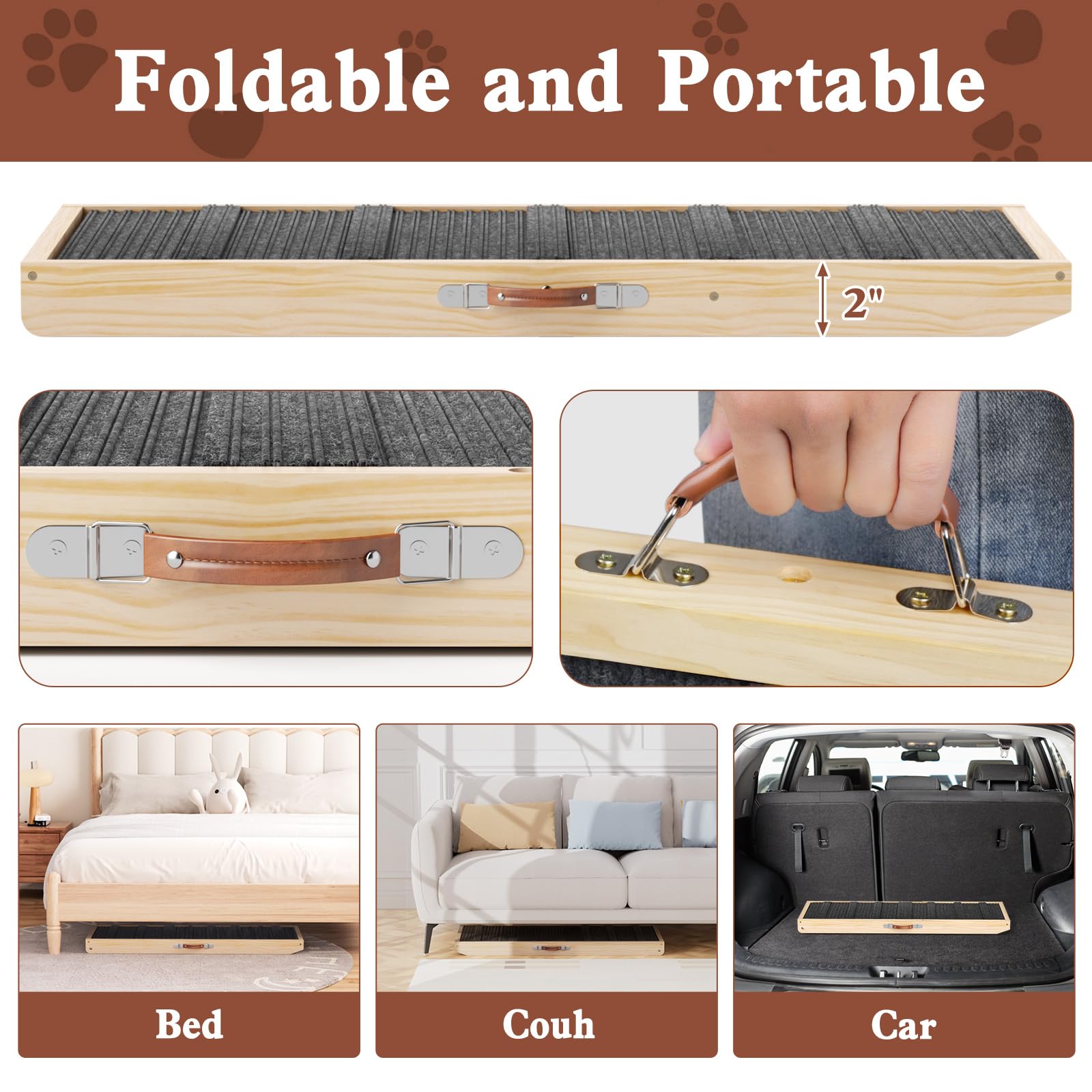 Chuiendi Dog Ramp For Couch, Wooden Pet Ramps 39.37'' Long Adjustable 11''-20.47'' Folding Puppy Ramps With High Traction Mat, D