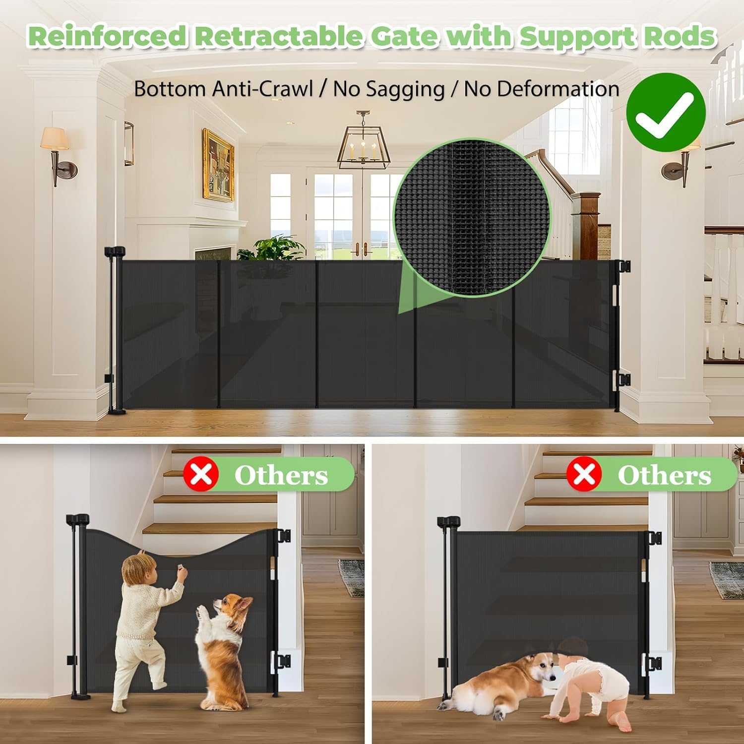 96 Inch Wide Reinforced Retractable Baby Gate with Support Rods, Extra Long Dog Gate Retractable Gate Outdoor Gates for Decks, P