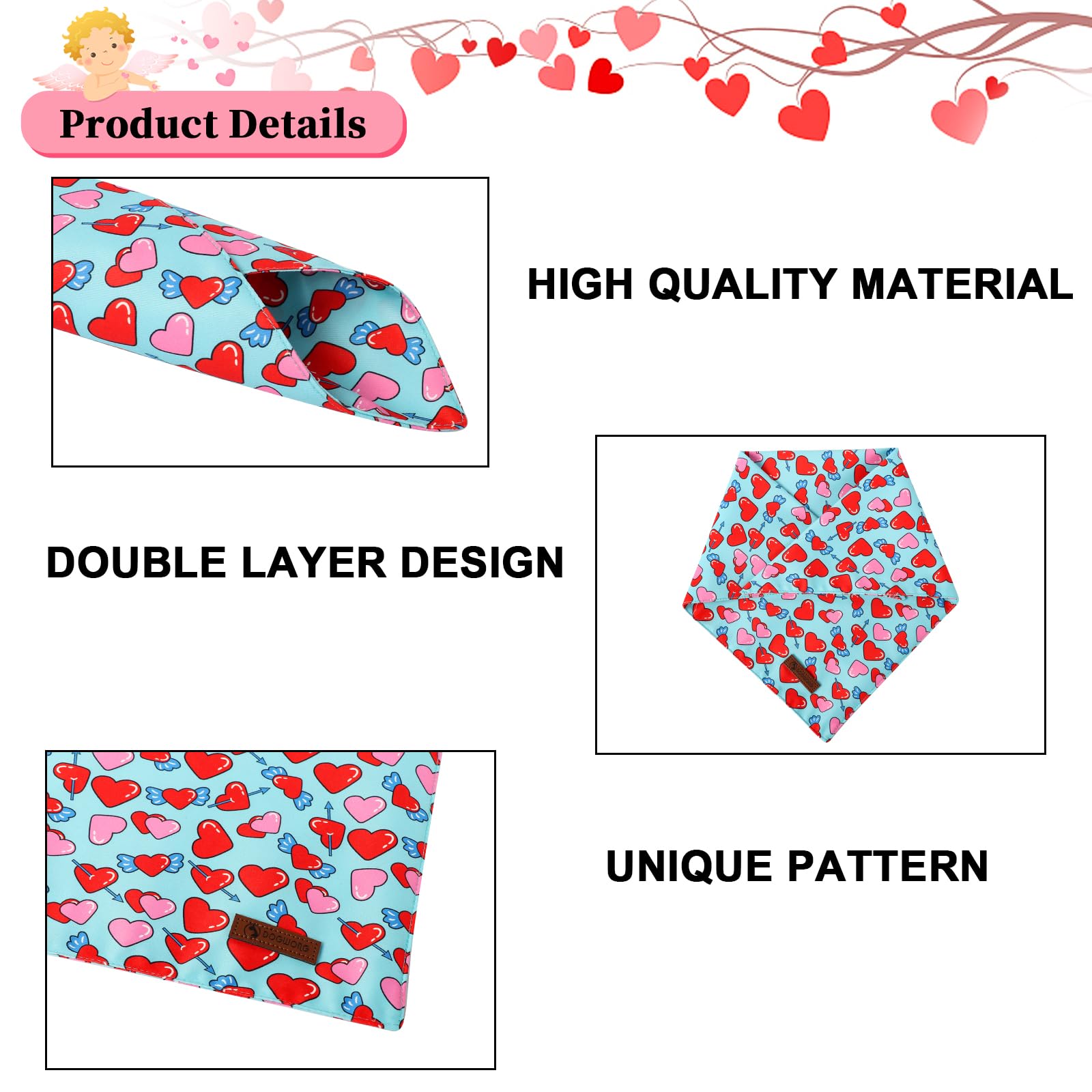Dogwong Valentine'S Dog Bandanas 2 Pack, Triangle Reversible Love Heart Pet Scarf Durable Cute Blue Heart Holiday Bandana For Sm