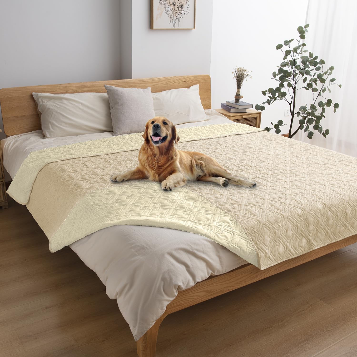 Fuguitex Waterproof Dog Bed Cover Dog Blanket For Pet Furniture Bed Couch Sofa Reversible Linen Texture(82''*102'',Cream+ Wheat)