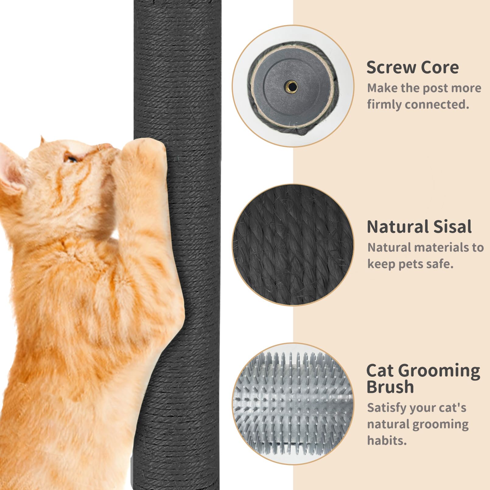 Fhiny 2Pcs Cat Scratching Post Replacement, 15.7Inch M8 Natural Sisal Cat Scratch Post With Cat Self Groomer Refill Pole Parts K