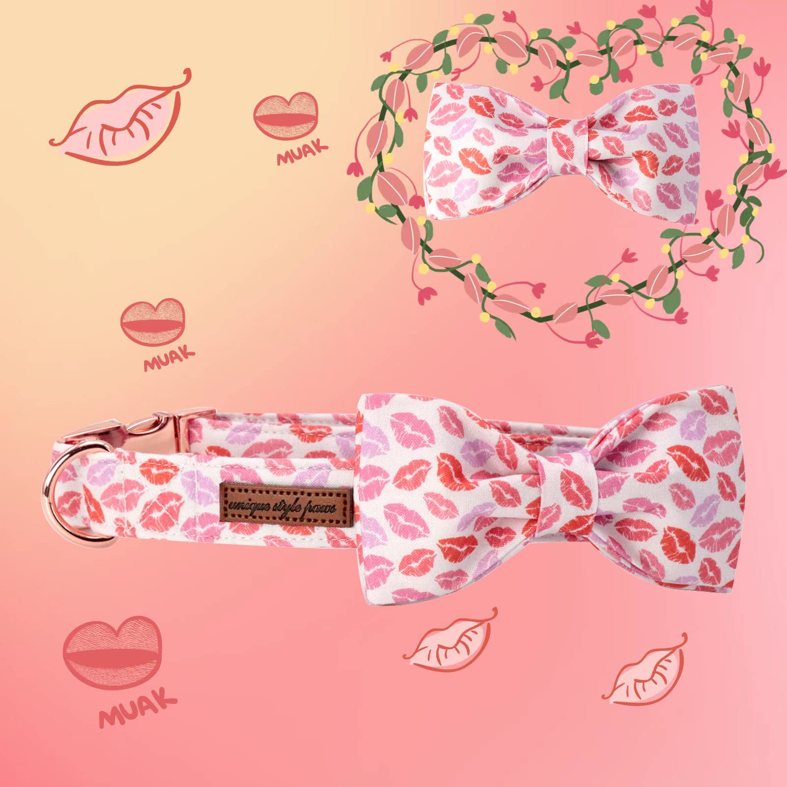 Unqiue Style Paws Valentine'S Lips Dog Collar, Soft And Cute Dog Bow Tie, Holiday Durable Pet Collar With Bow Adjustable Collar For X-Small Puppy
