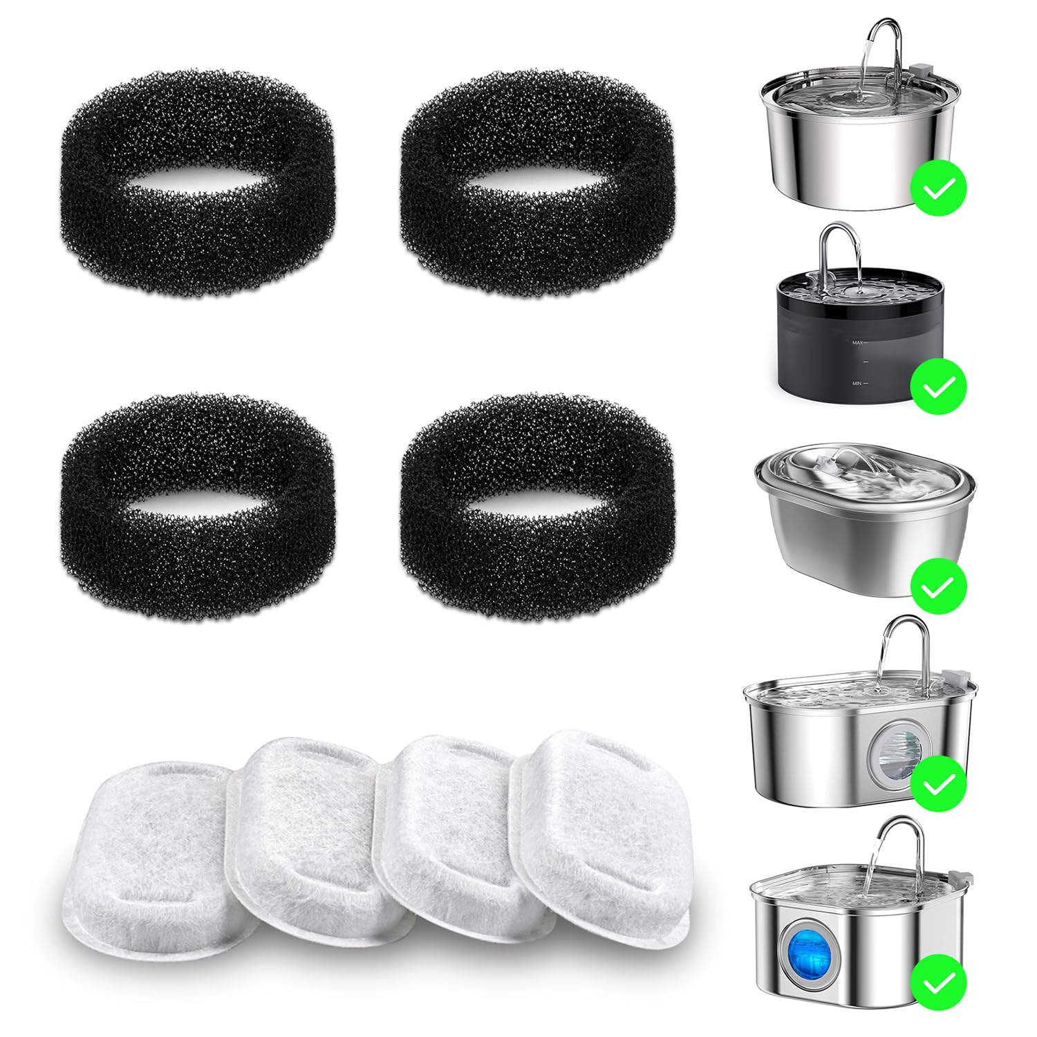 Wonder Creature Cat Water Fountain Filter 8 Pc For Stainless Steel Cat Fountain 2L/67Oz And 3.2L/108Oz, Carbon Filter Plus Sponge Foam Filter Pack (8)