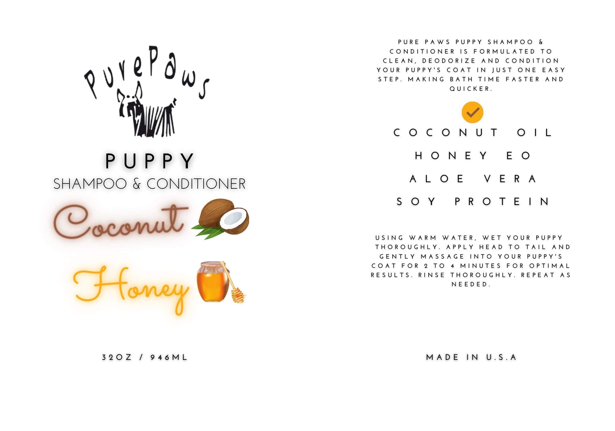 Pure Paws Puppy Shampoo & Conditioner | Coconut+Honey Oil, Aloe Vera | 32oz