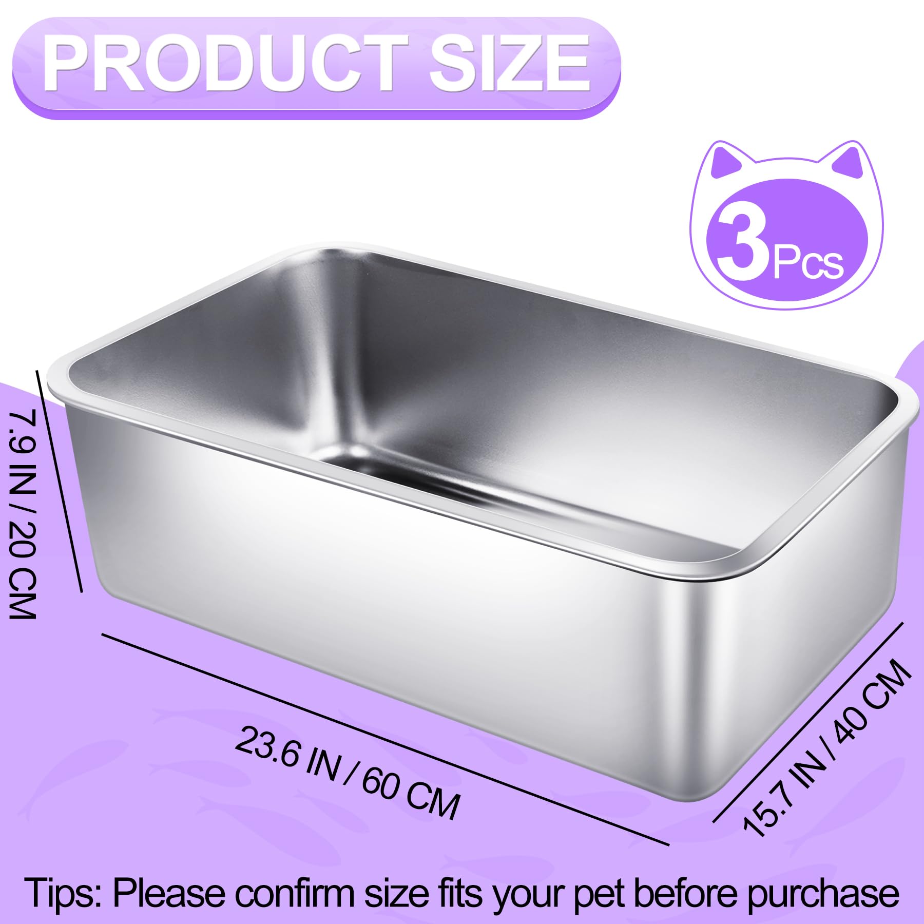 Phepetroll 3 Pack Stainless Steel Cat Litter Boxes 23.6''L X 15.7''W X 7.9''H Extra Large Metal Litter Boxes With High Sides Stu