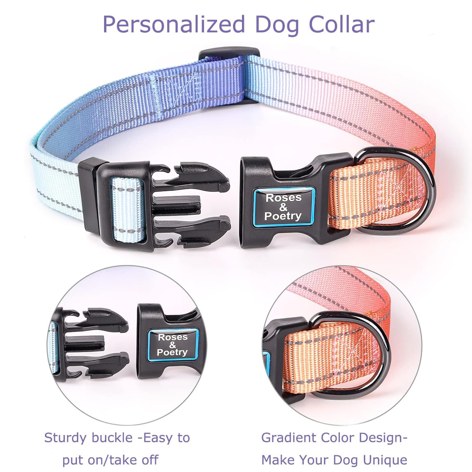 Roses&Poetry Reflective Dog Collar With Gradient Azure, Adjustable Durable Pet Collars For Small Medium Large Dogs (Azure-M