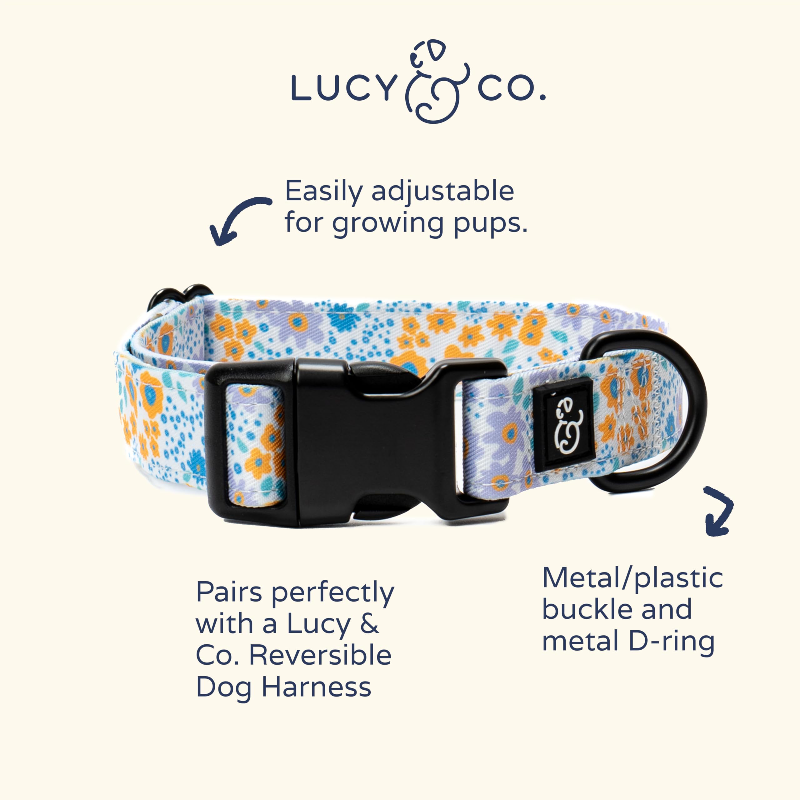 Lucy & Co. Among The Wildflowers Dog Collar - Durable Lightweight Designer Collar For Pets - Adjustable Metal Safety Buckle - Pu