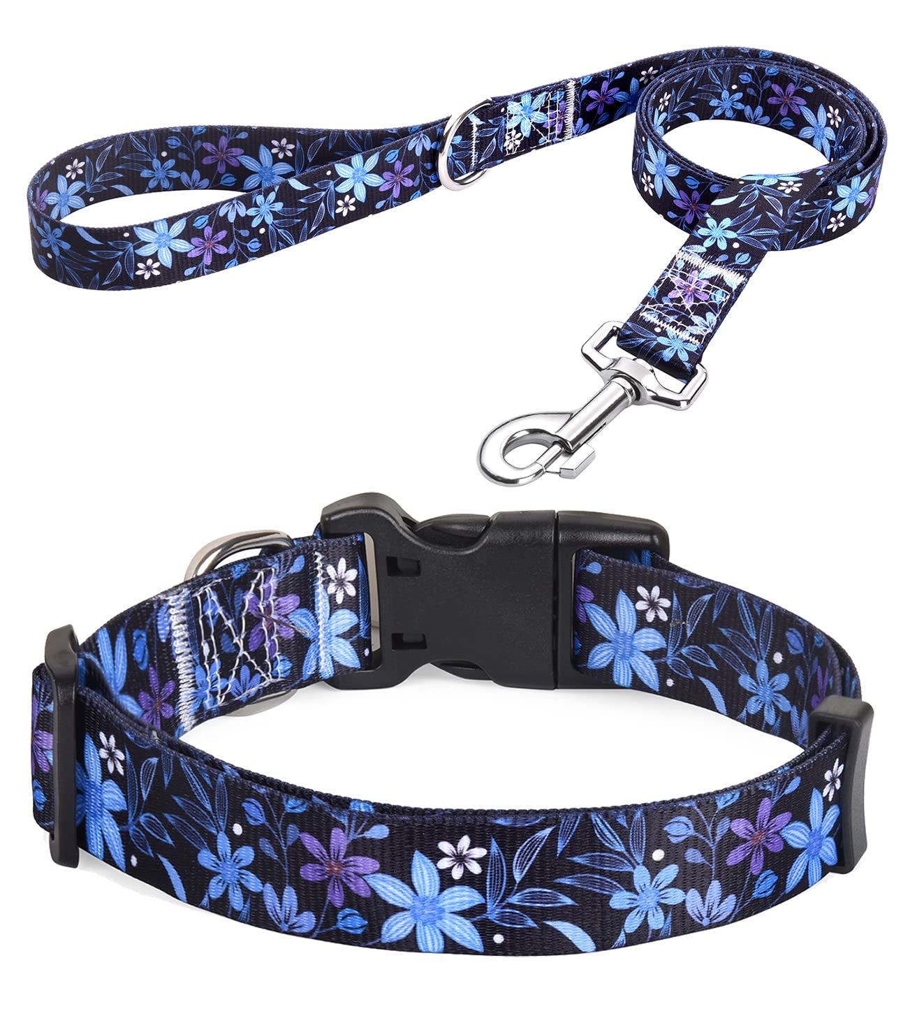 Hqyddmi Dog Collar And Leash Set For Large Dogs, Soft Comfortable Adjustable Collar, Floral Pattern Set (Blue, L)