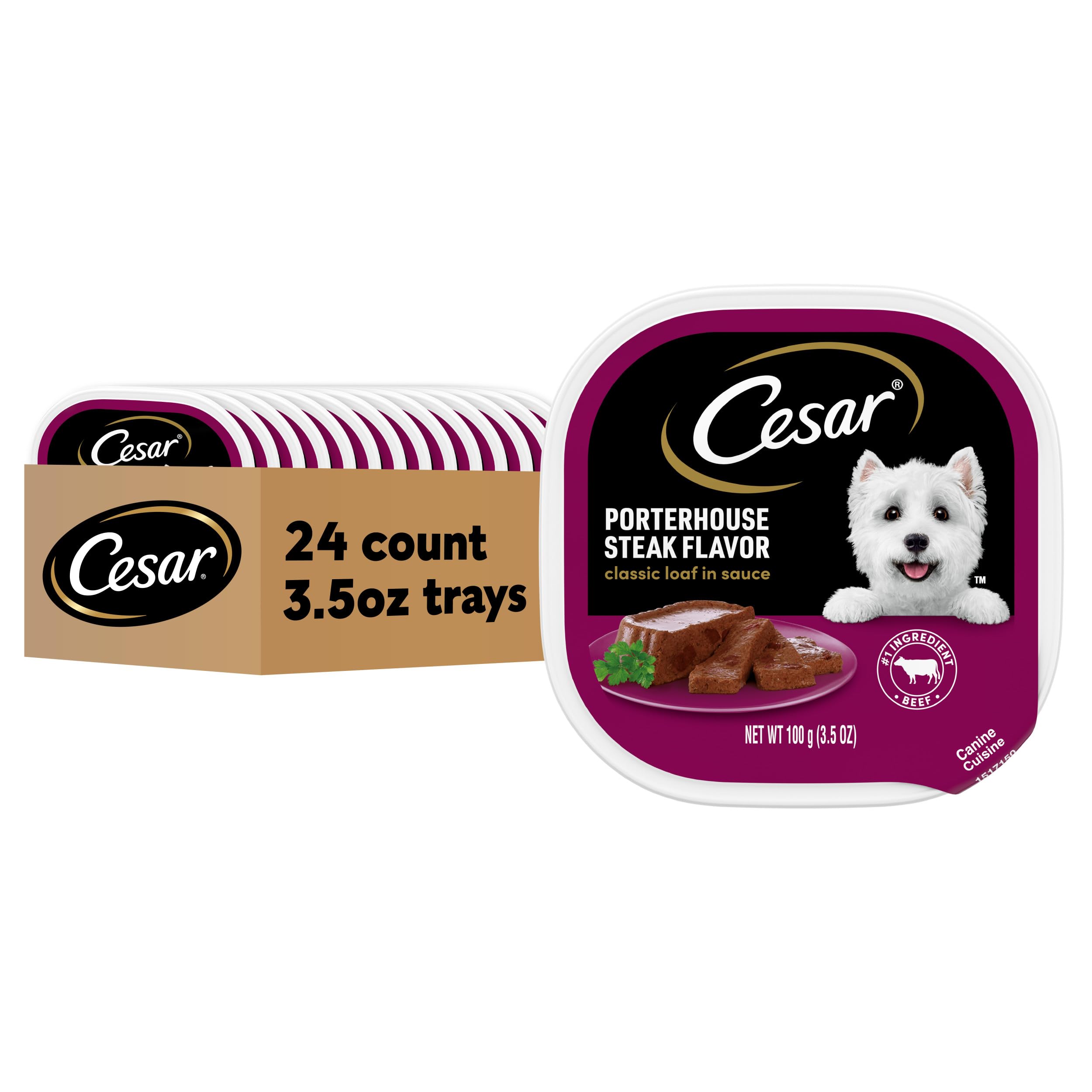 Cesar Wet Dog Food Classic Loaf in Sauce Porterhouse Steak Flavor, 3.5 oz. Easy Peel Trays (24 Count, Pack of 1)