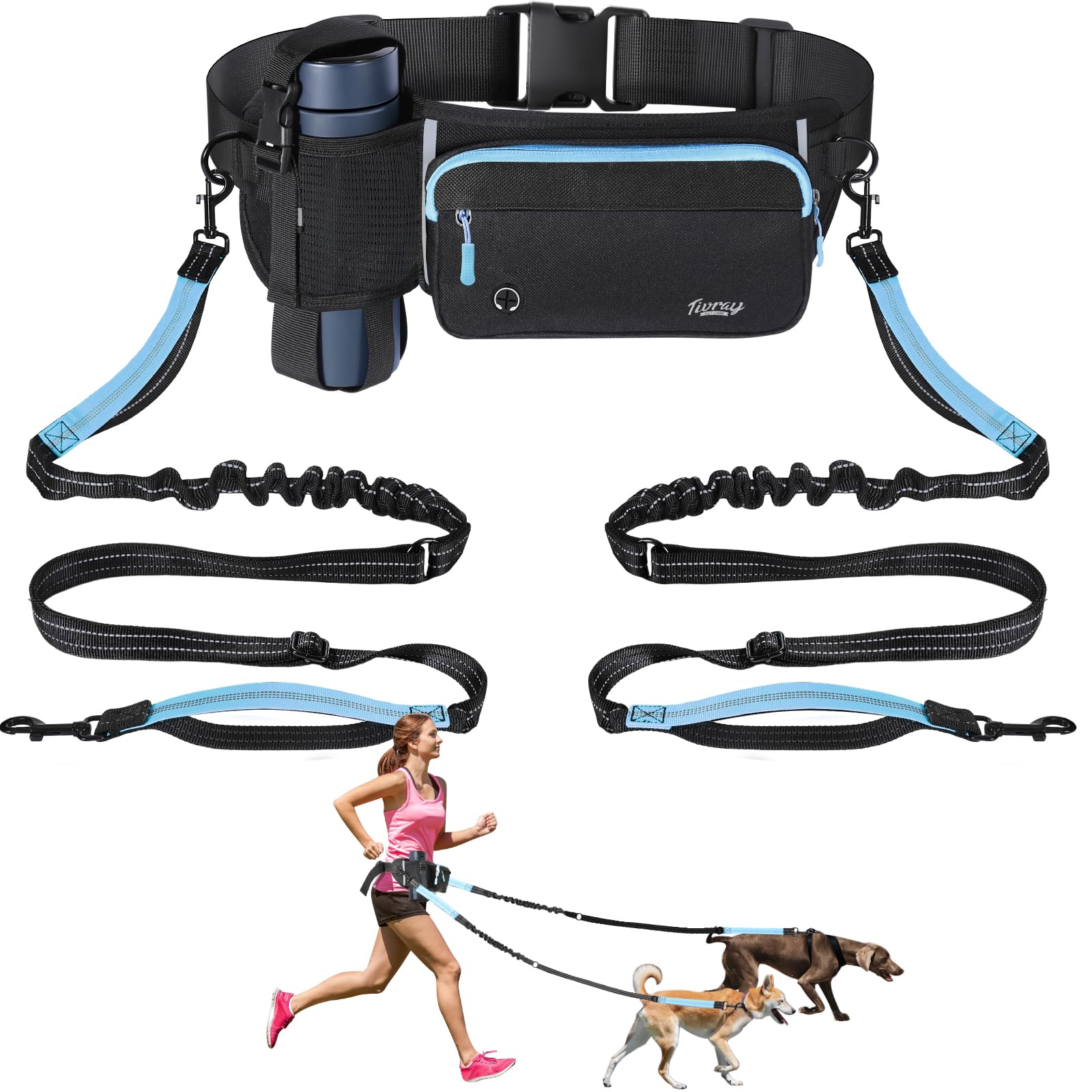 Tivray Hands Free Dog Leash 2 Dogs, Adjustable Waist Leash for Dog Walking with Dual Bungees Padded Handle, Shock Absorbing Hand
