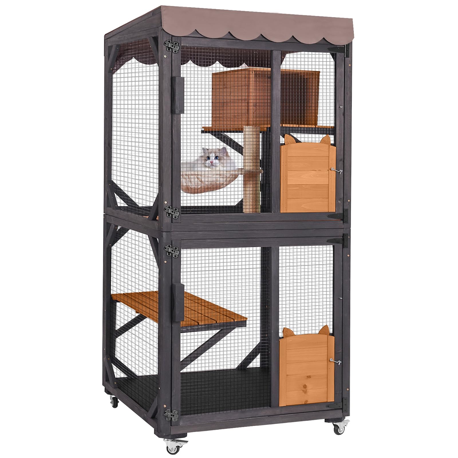 Gutinneen Catio Outdoor Cat Enclosure Mobile Cat House Indoor On Wheels With Scratch Post,Hammock,Resting Box,Platform,Tarp Roof