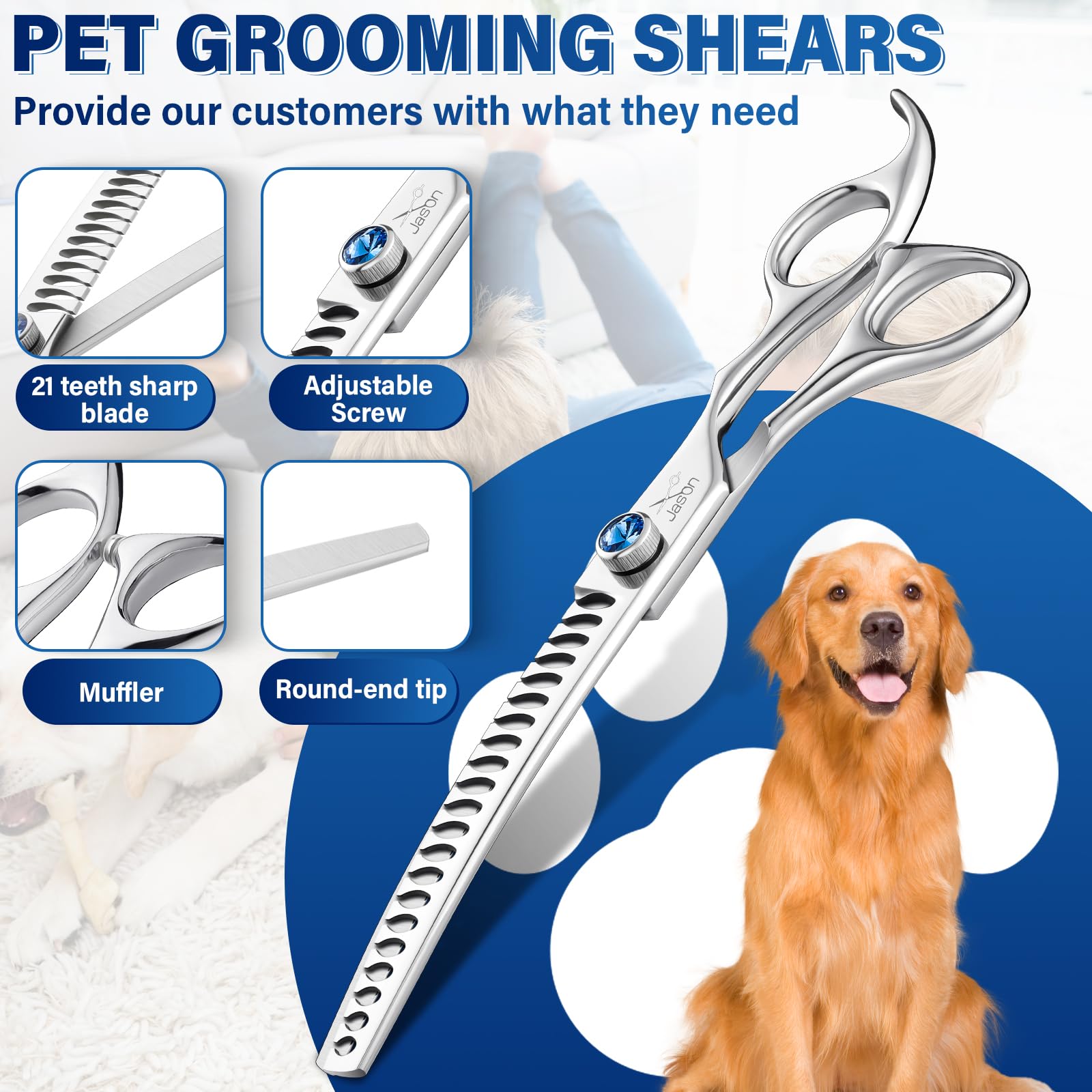 JASON 7" Curved Chunker Dog Scissors - Ergonomic Silver 440C Stainless Steel Grooming Shears for Professional Groomers
