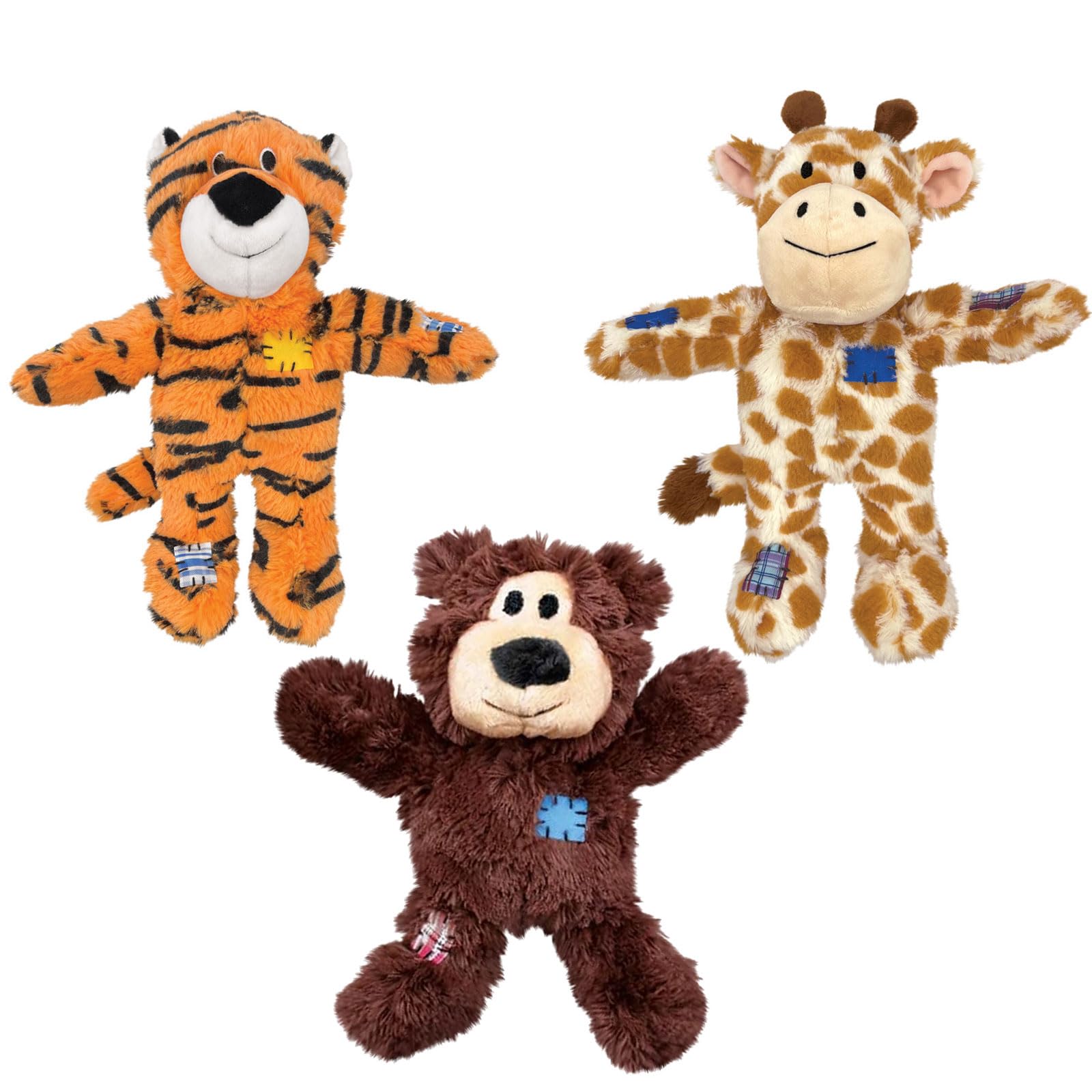 KONG Wild Knots Dog Toys 3 Pack - Bear, Giraffe & Tiger - Durable Plush Toys with Internal Knotted Rope & Squeaker - Soft Outsid