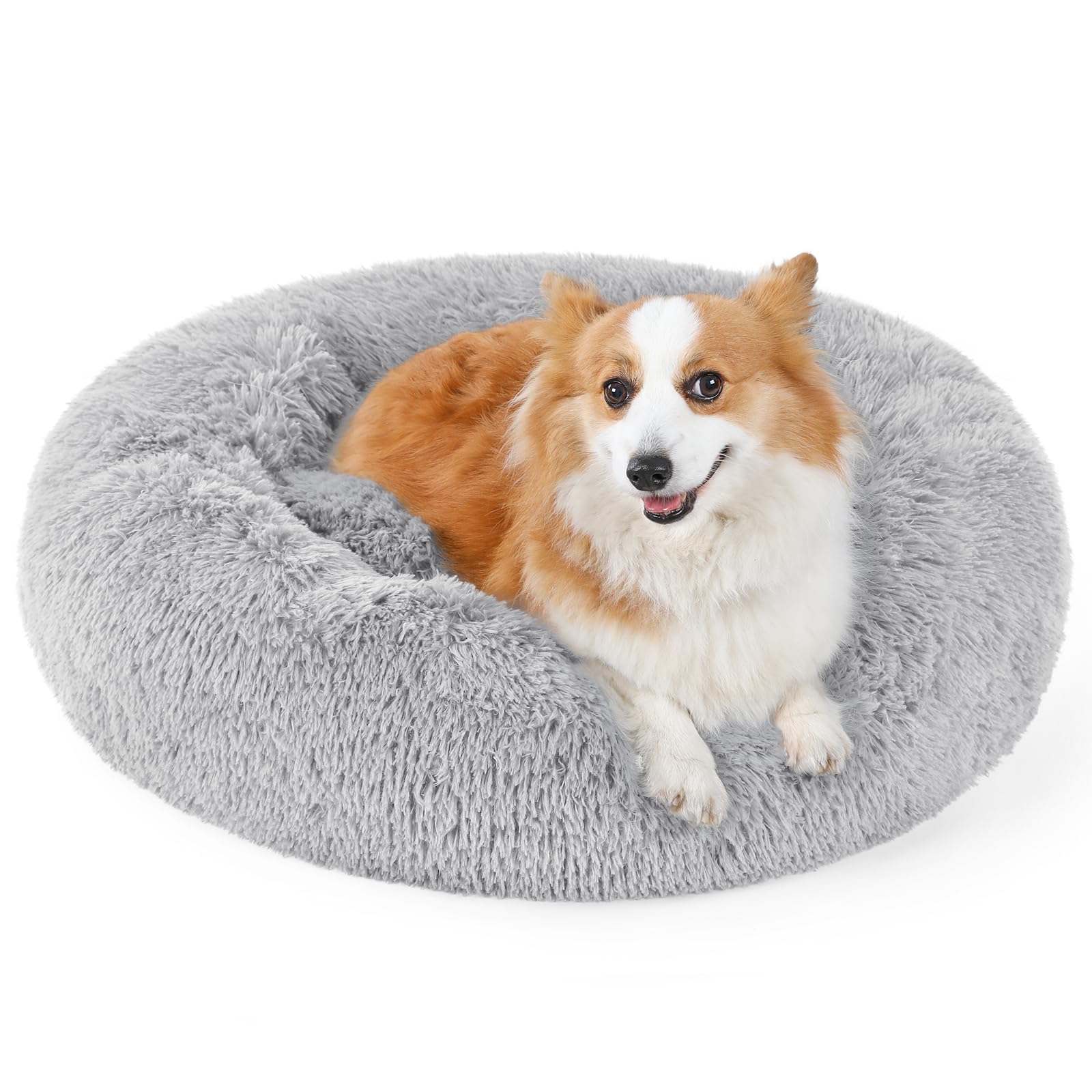 Rabbitgoo Calming Dog Bed For Small Medium, 30 Inches Pet Bed Machine Washable, Non-Slip Round Fluffy Plush Faux Fur Large Cat C