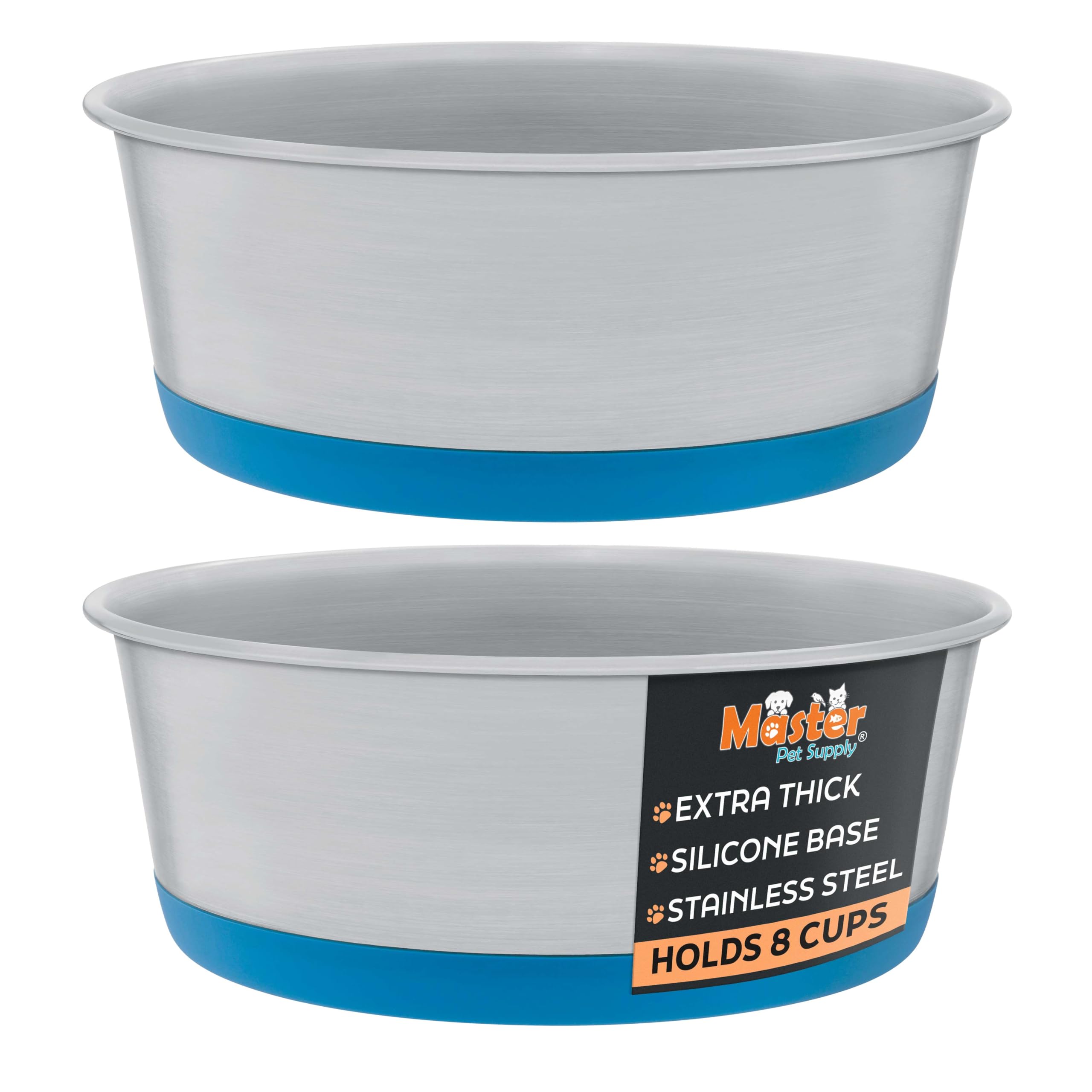 Master Pet Supply Stainless Steel Dog Bowls Set of 2 with Extra Thick Silicone Base - 8 Cup (64 oz) True Blue, Non-Slip, Dishwas