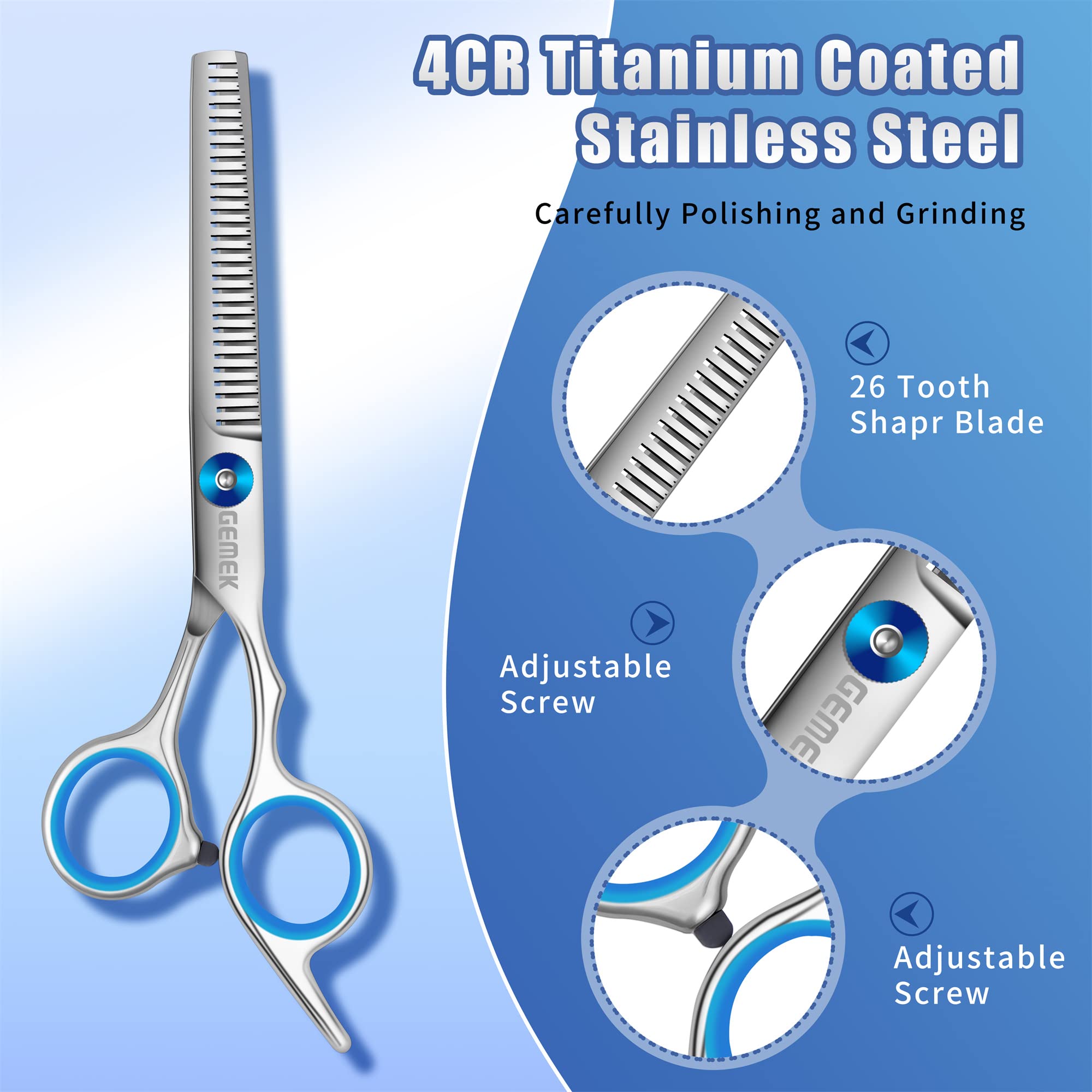 GEMEK Professional Grooming Scissors for Dogs with Safety Round Tips, Dog Grooming Scissors Set - Thinning, Straight, Curved She