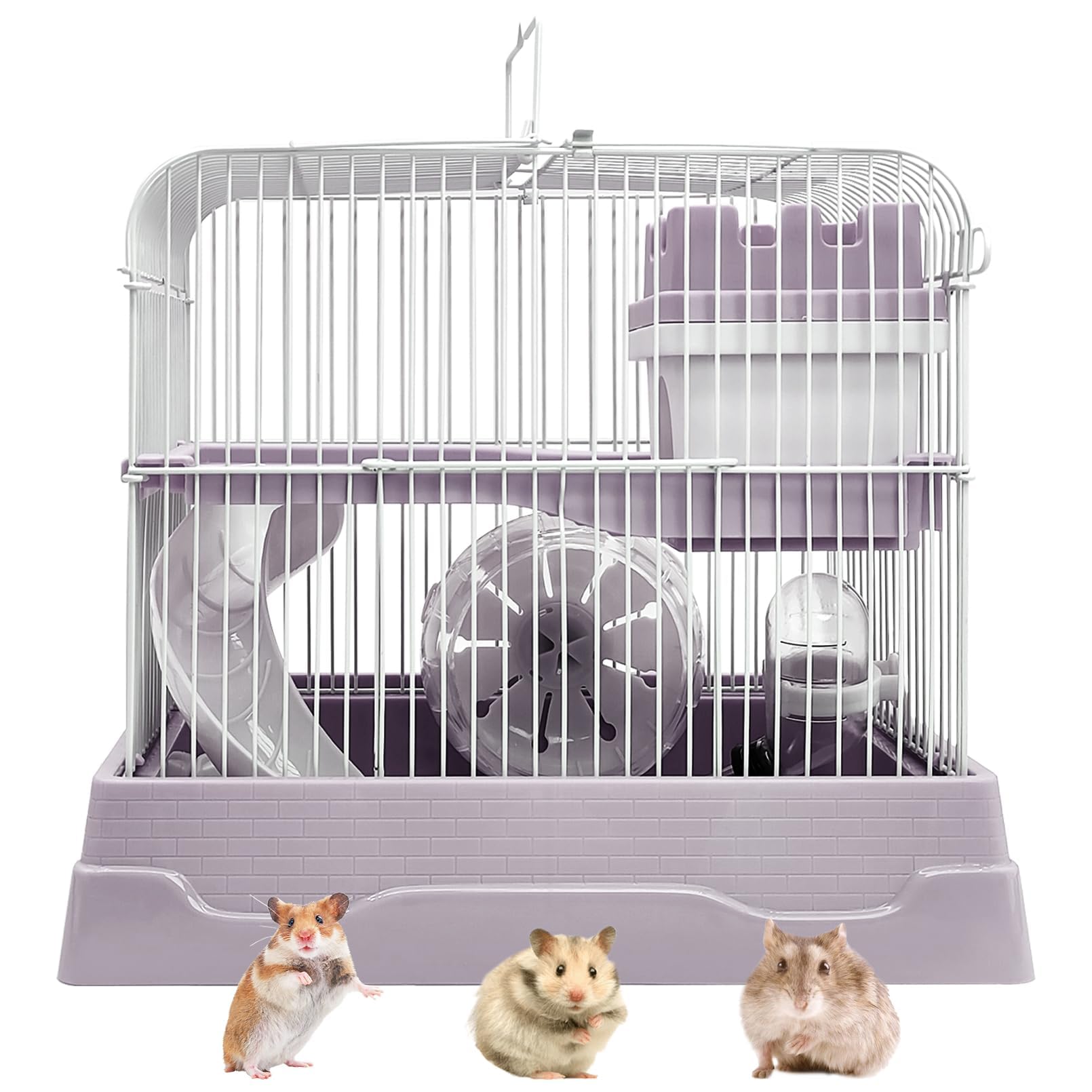 PINVNBY 2-Tier Dwarf Hamster Cage, Hamster Travel Cage Portable Mouse Cage with Running Exercise Wheels, Water Bottle and Food D