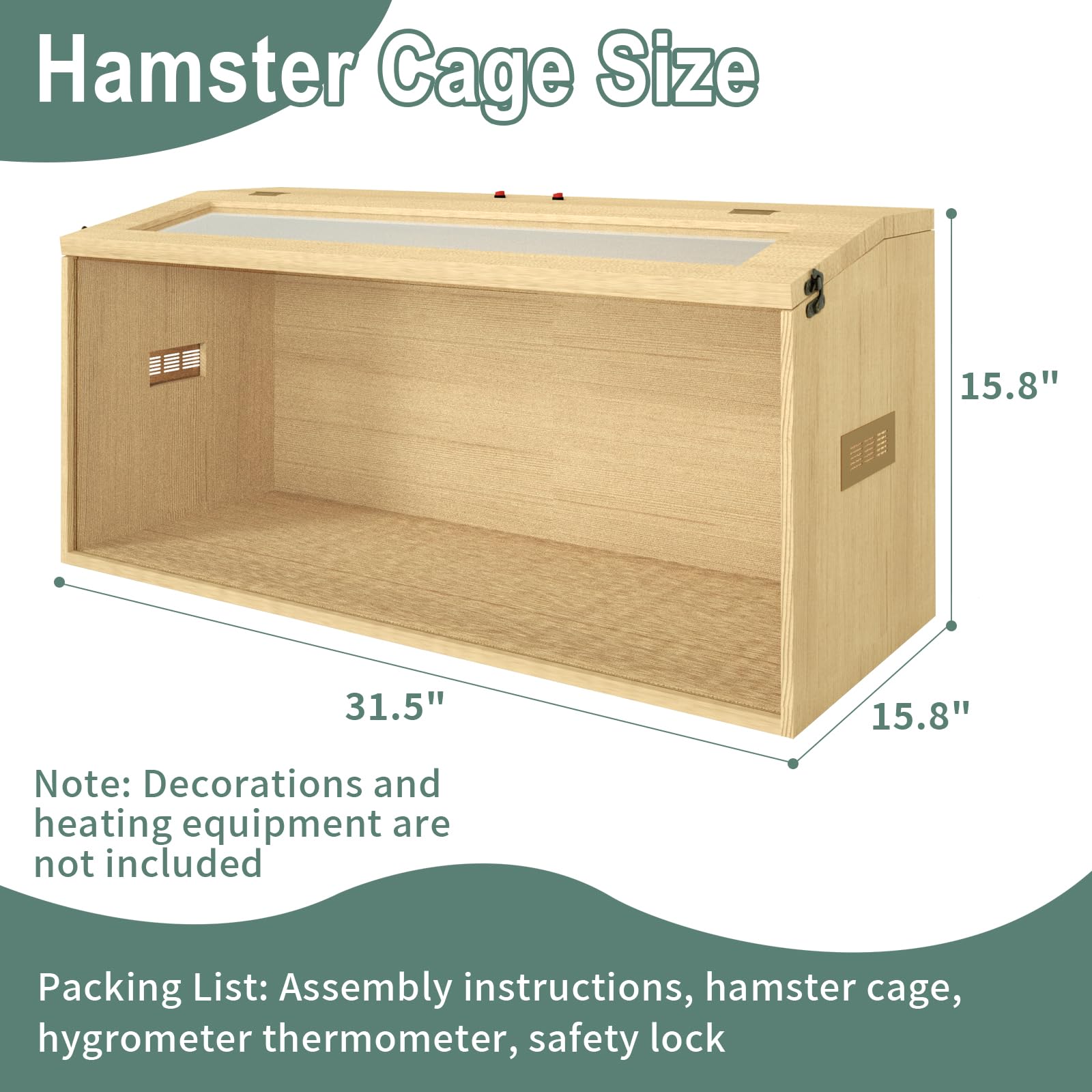 32'' Hamster Habitat Enclosure, Top Opening Lockable Roof Door, Gerbil Dwarf Hamster Cage With Hygrometer, Chewproof Syrian Hams