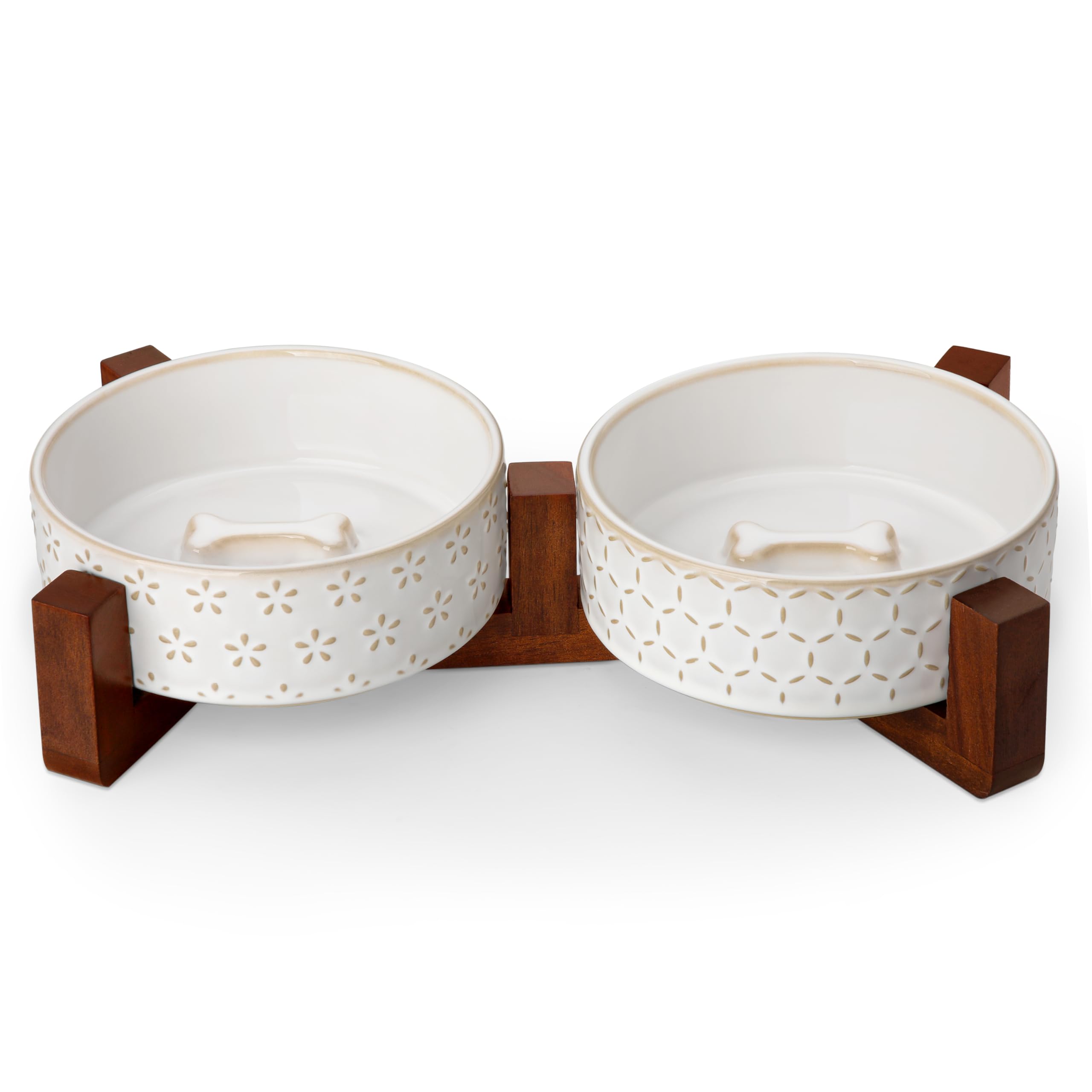 MALACASA Dog Bowl Set with Walnut Wood Stand, 1.5 Cups Ceramic Pet Bowls for Puppy Dogs, Dual Food and Water Bowls with Non-Slip