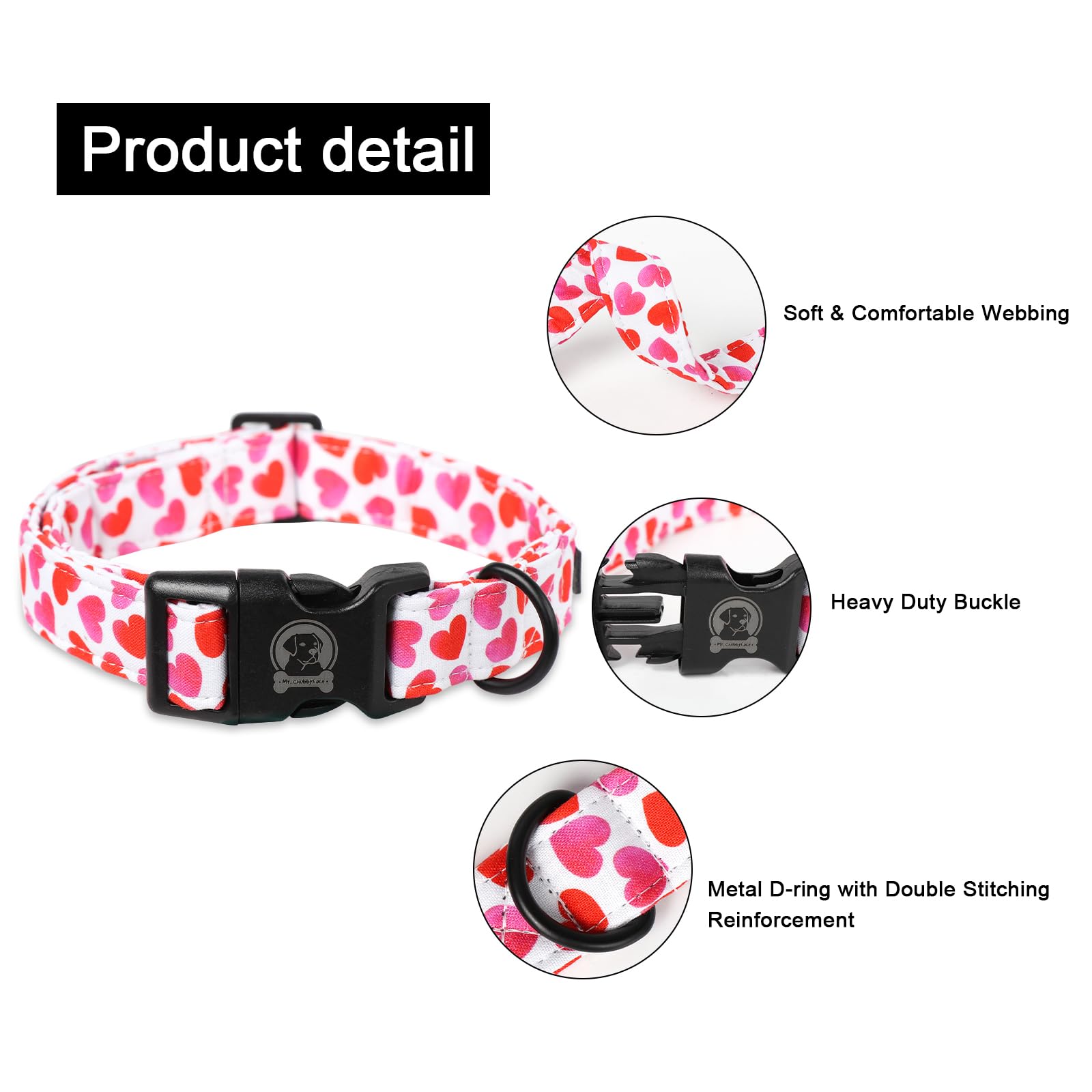 Mr. Chubbyface Valentines Dog Collar,Cute White Heart Cotton Dog Collars, Adjustable Valentine Girl Female Male Pet Collars With