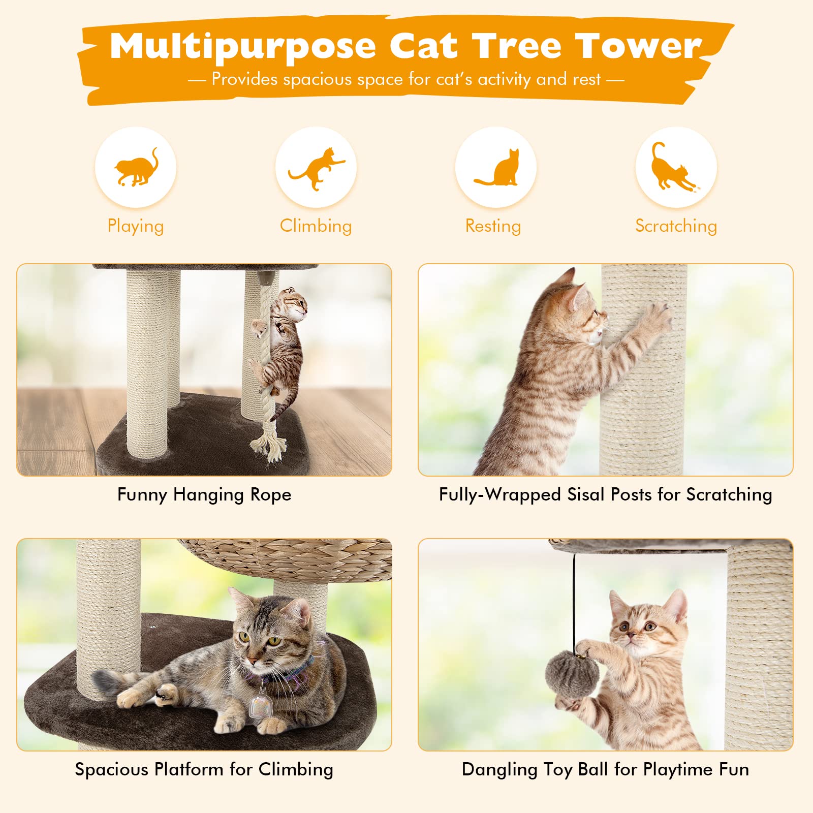 Tangkula Modern Cat Tree For Indoor Cats, Small/Tall Cat Tree With Natural Sisal Scratching Post, Hand-Made Wicker Cat Condo & T