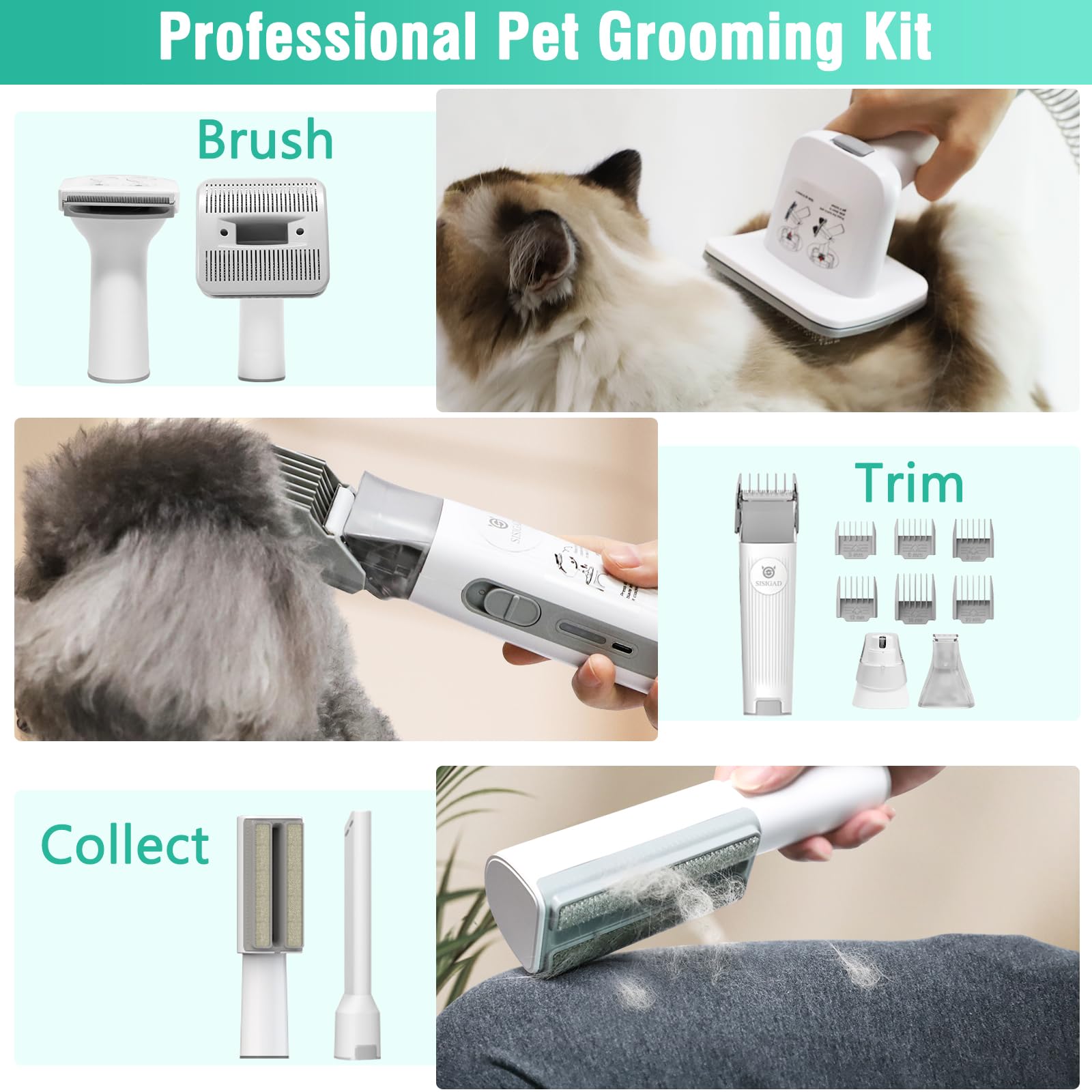 Sisigad Dog Grooming Kit,Pet Hair Vacuum,Dog Grooming & Low Noise Hair Vacuum,Professional Clippers Nail Trimmer Grinder,7 Pet G