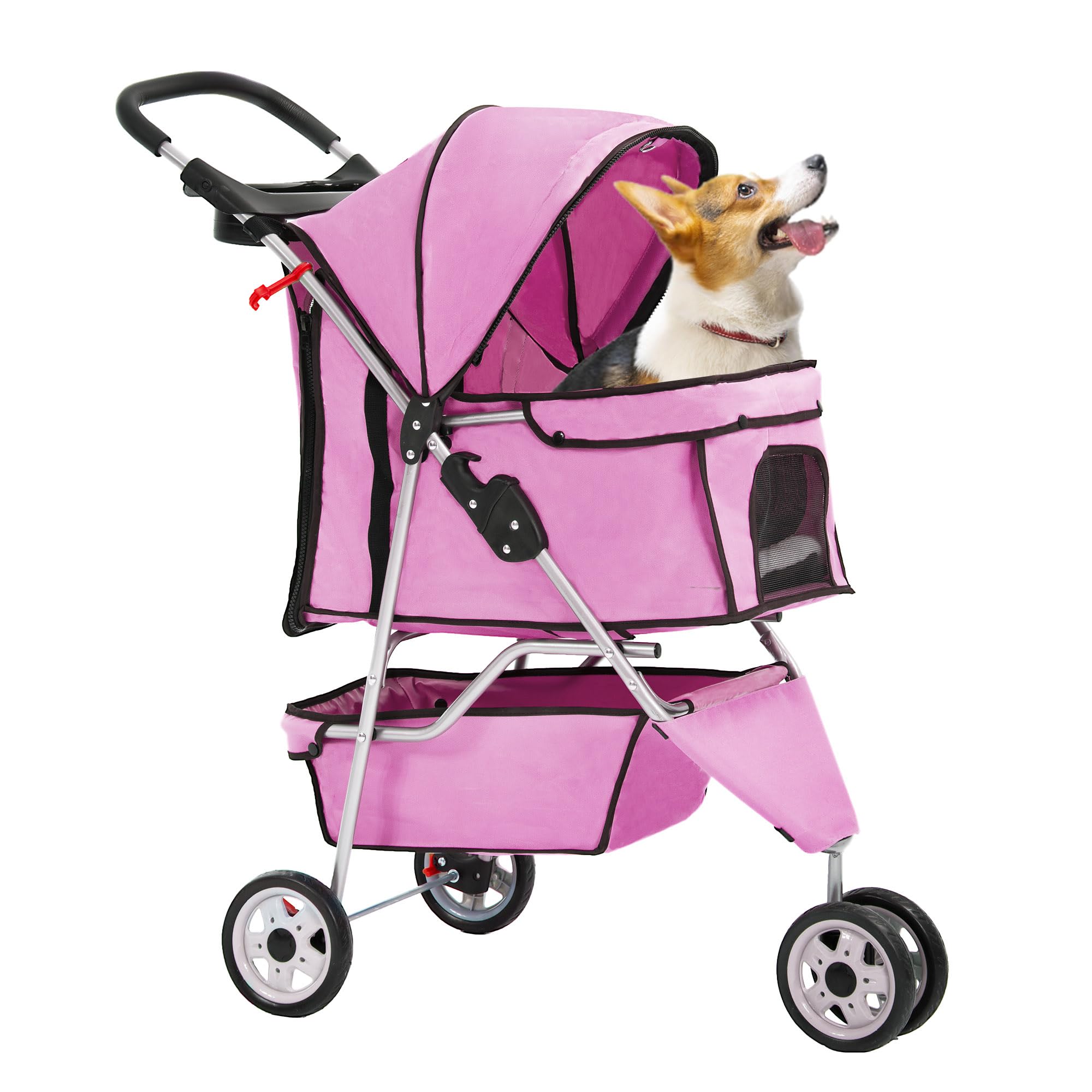 FDW 3-Wheel Pet Stroller Foldable Dog Cat Jogger Stroller Durable Travel Folding Carrier with Storage Basket Cup Holder,Peach Pi