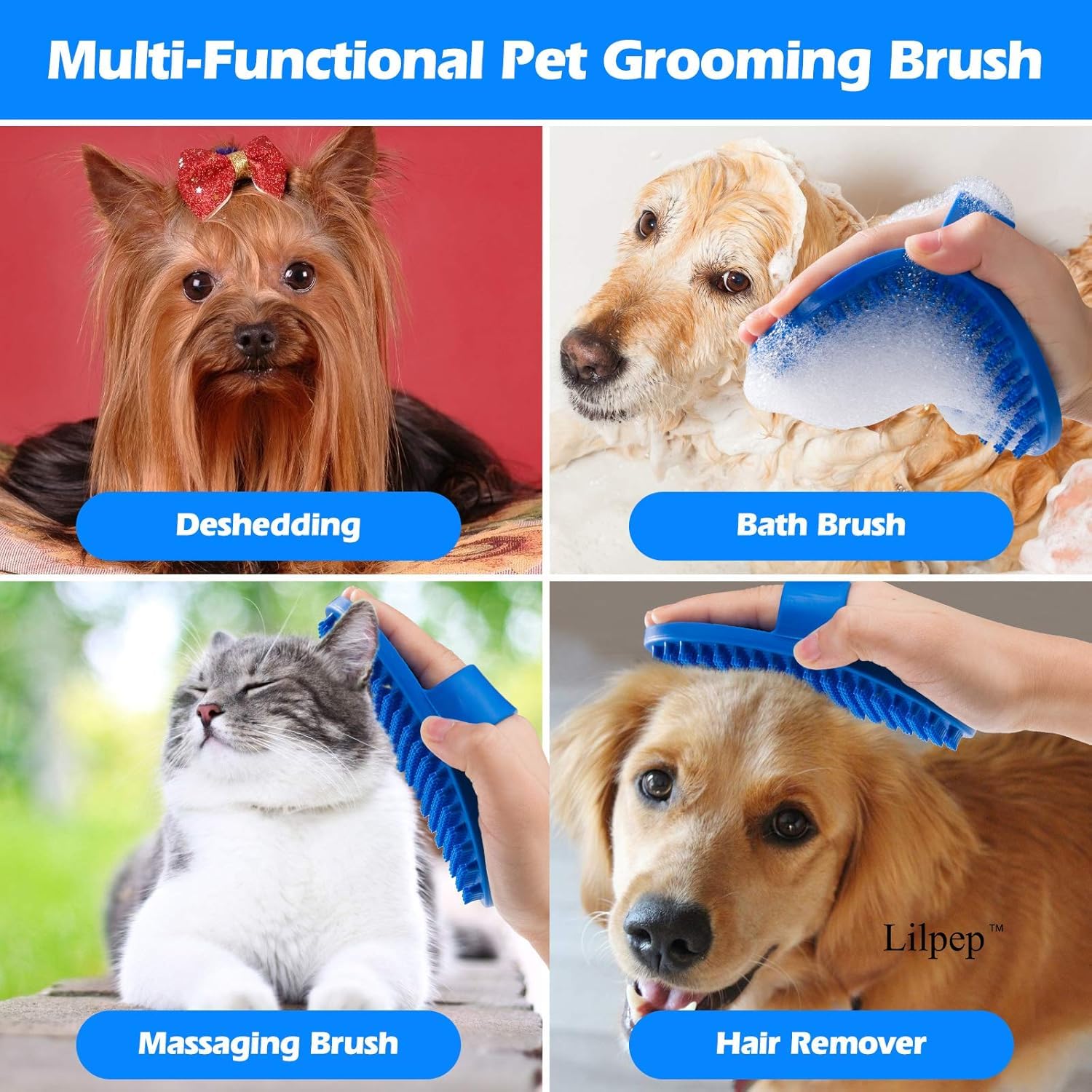 Lilpep Dog Bath Brush, Rubber Pet Shampoo Brush with Silicone Bristles for Massaging Grooming, Removing Short Haired Dogs Cats S