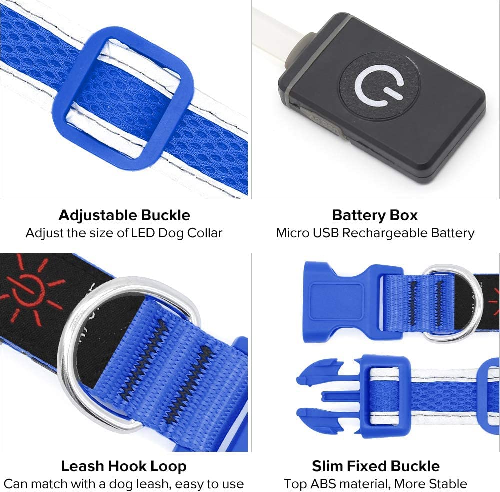 Flashseen Led Dog Collar,Usb Rechargeable Light Up Dog Collar Lights,Adjustable Comfortable Soft Mesh Safety Dog Collar For Small,Medium,Large Dogs(Large, Royal Blue)