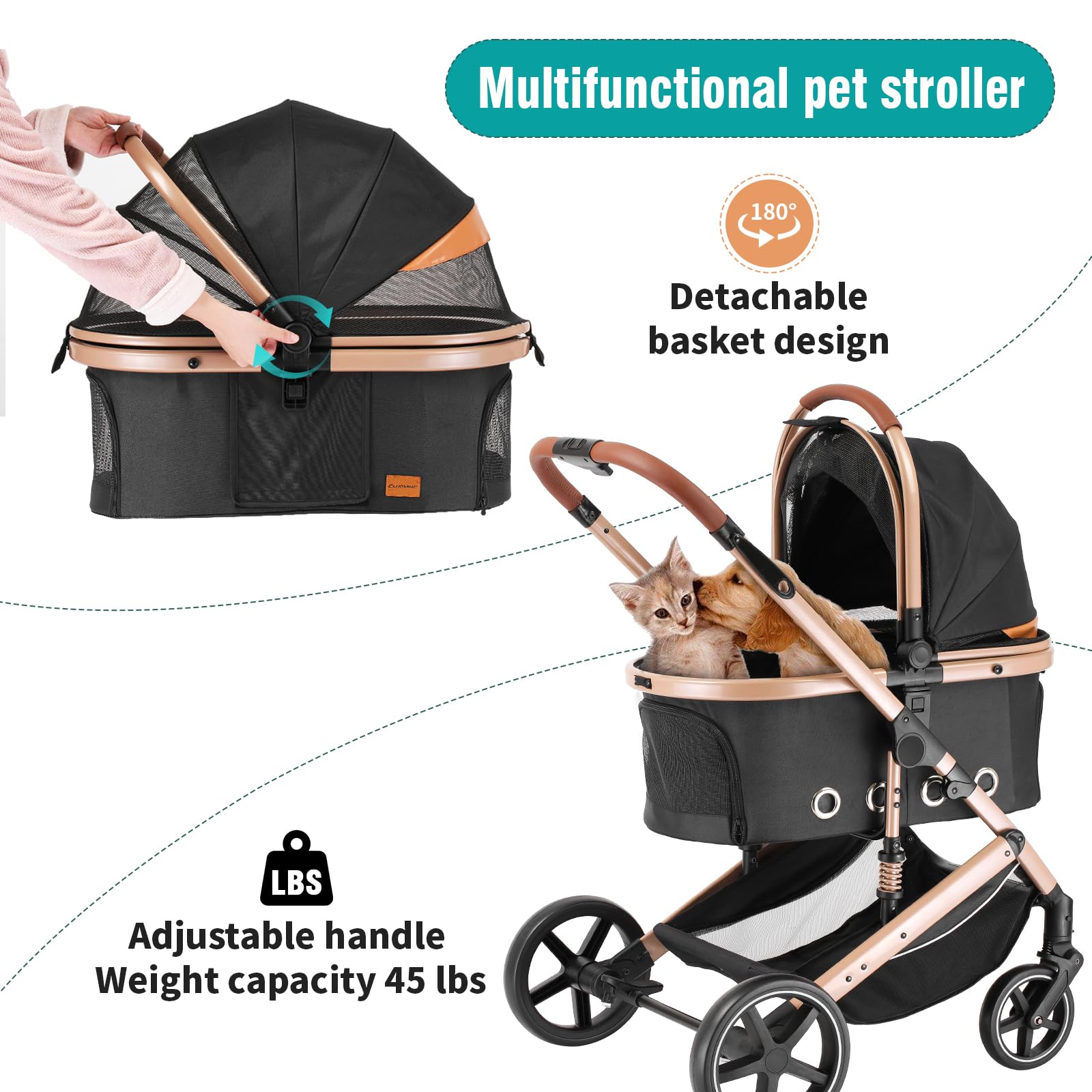 Echosmile 4 In 1 Pet Stroller, Folding Lightweight Cat & Dog Stroller With Detachable Carrier, No-Zip 180 Reversible Canopy, All