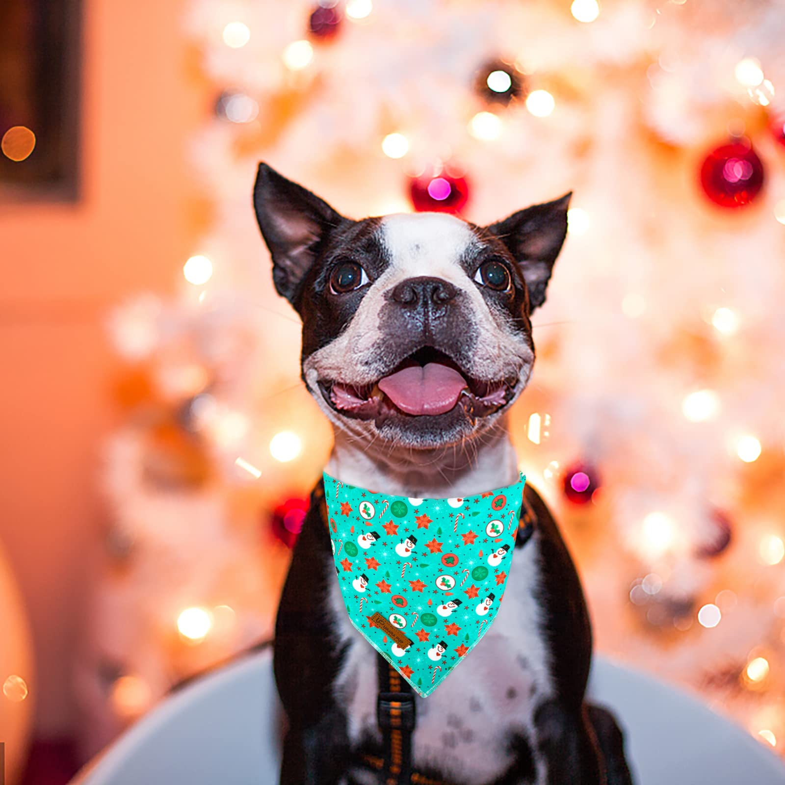 Up Urara Pup Christmas Dog Bandana - Snowman Triangle Bib Scarf For Girl Boy, Cotton Pet Kerchief, Cute Green, Adjustable Winter