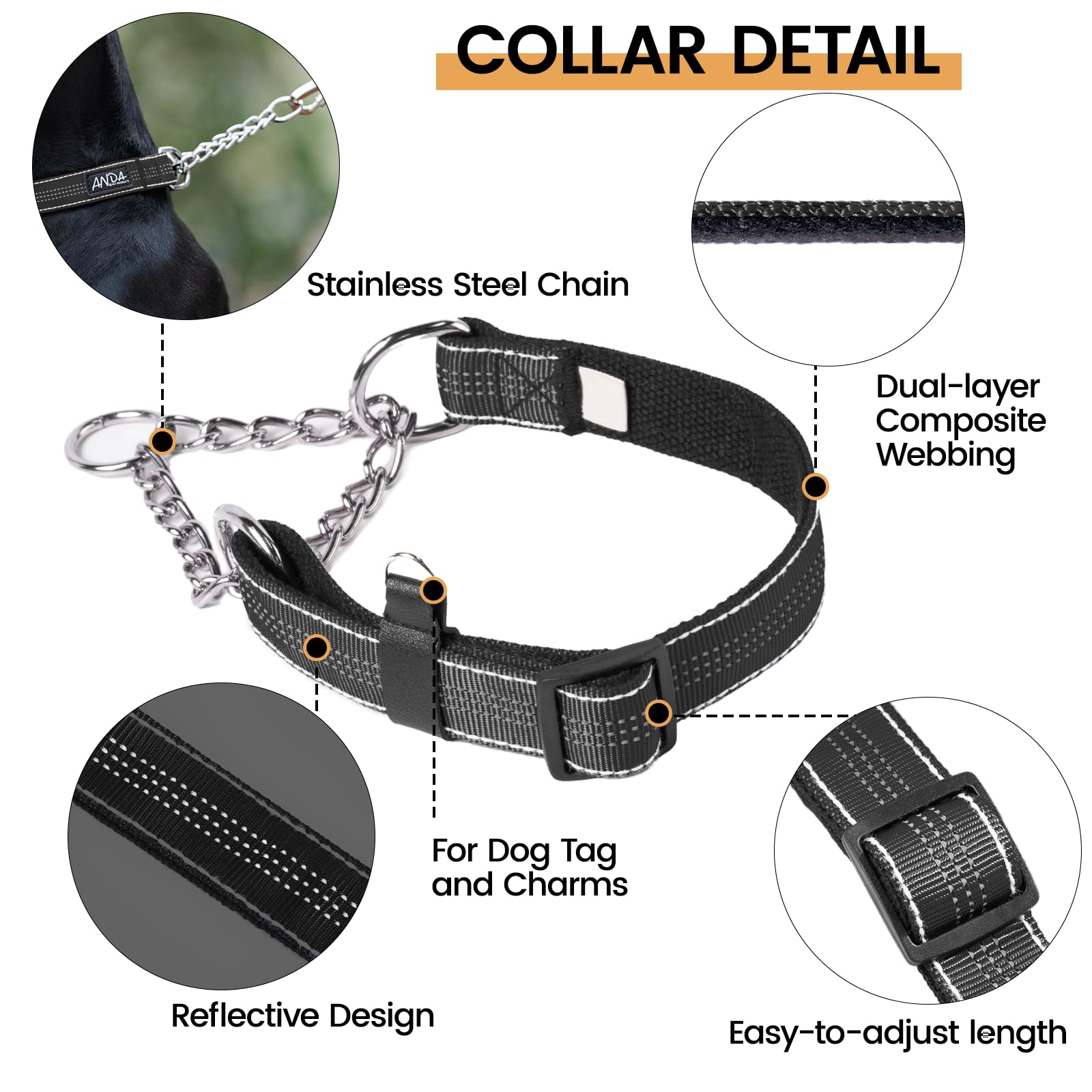 Anda Martingale Collar For Dogs, Adjustable With Reflective Stainless Steel Chain, No-Pull Escape-Proof Training Collar For Medi