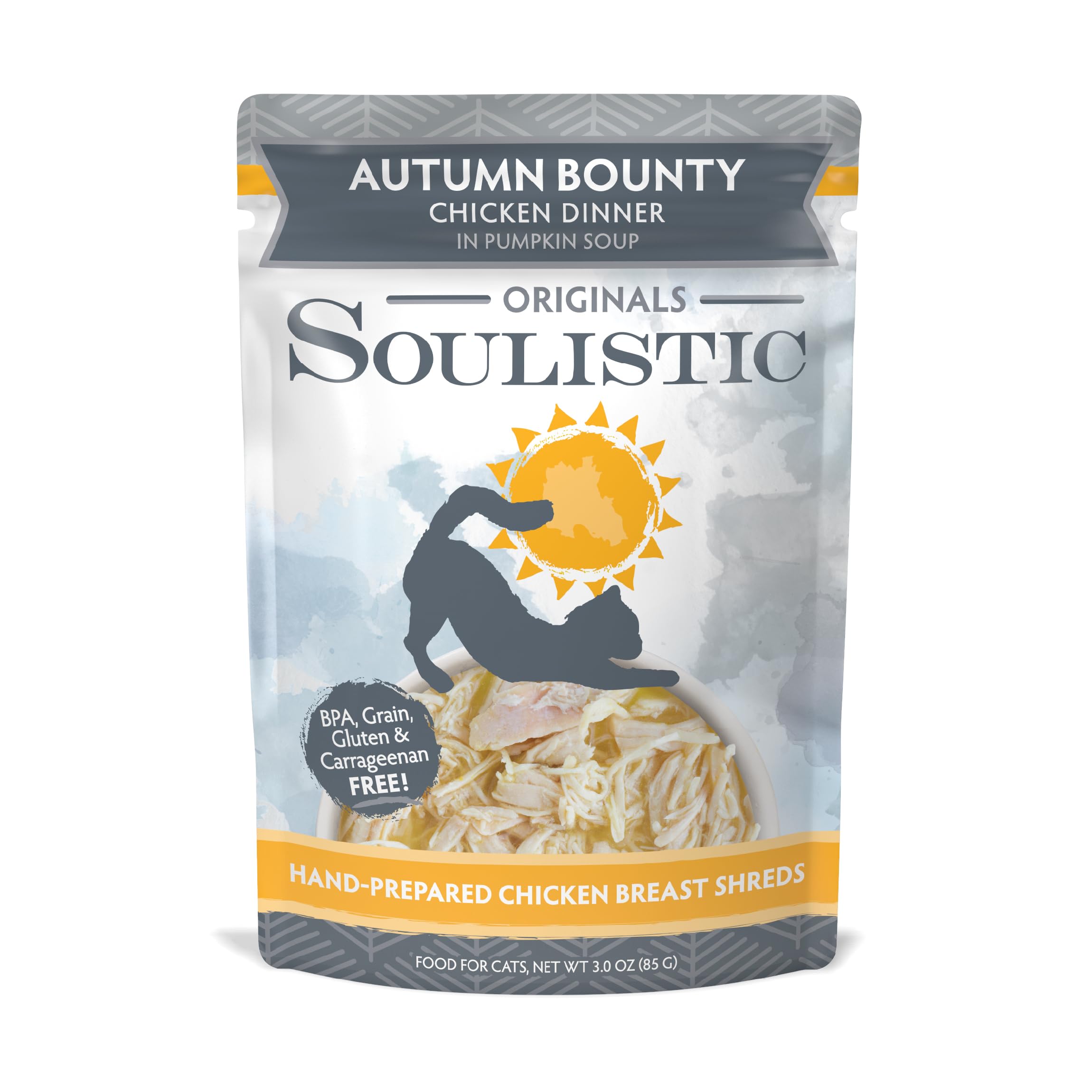 Soulistic Originals Wet Cat Food, Autumn Bounty Chicken Dinner in Pumpkin Soup, 3oz Pouch, Pack of 8