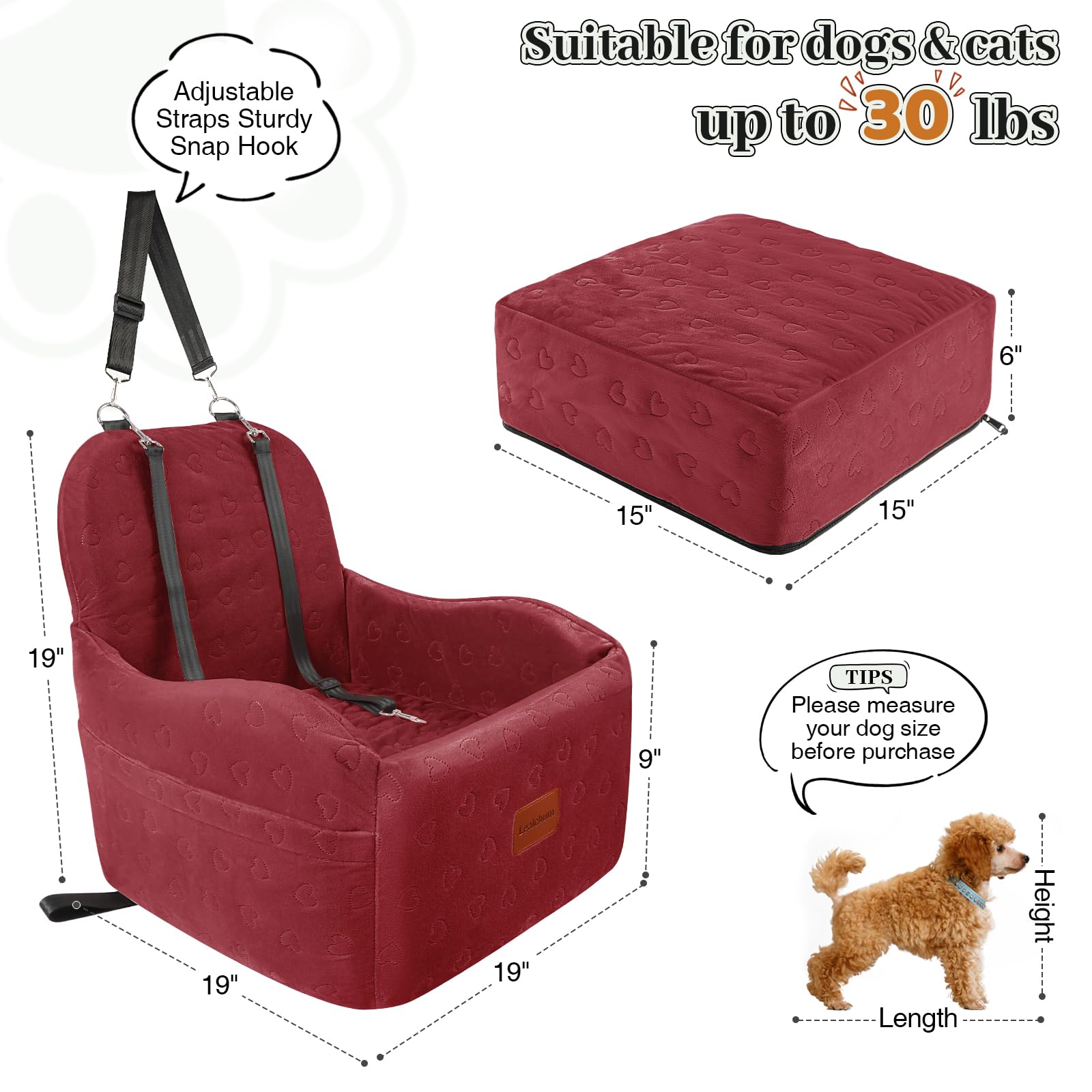 Lealchum Dog Car Seat for Small/Medium Dogs, Red, Velvet, 6in Elevated Cushion, Fully Washable, Easy to Install, Model LESFT01