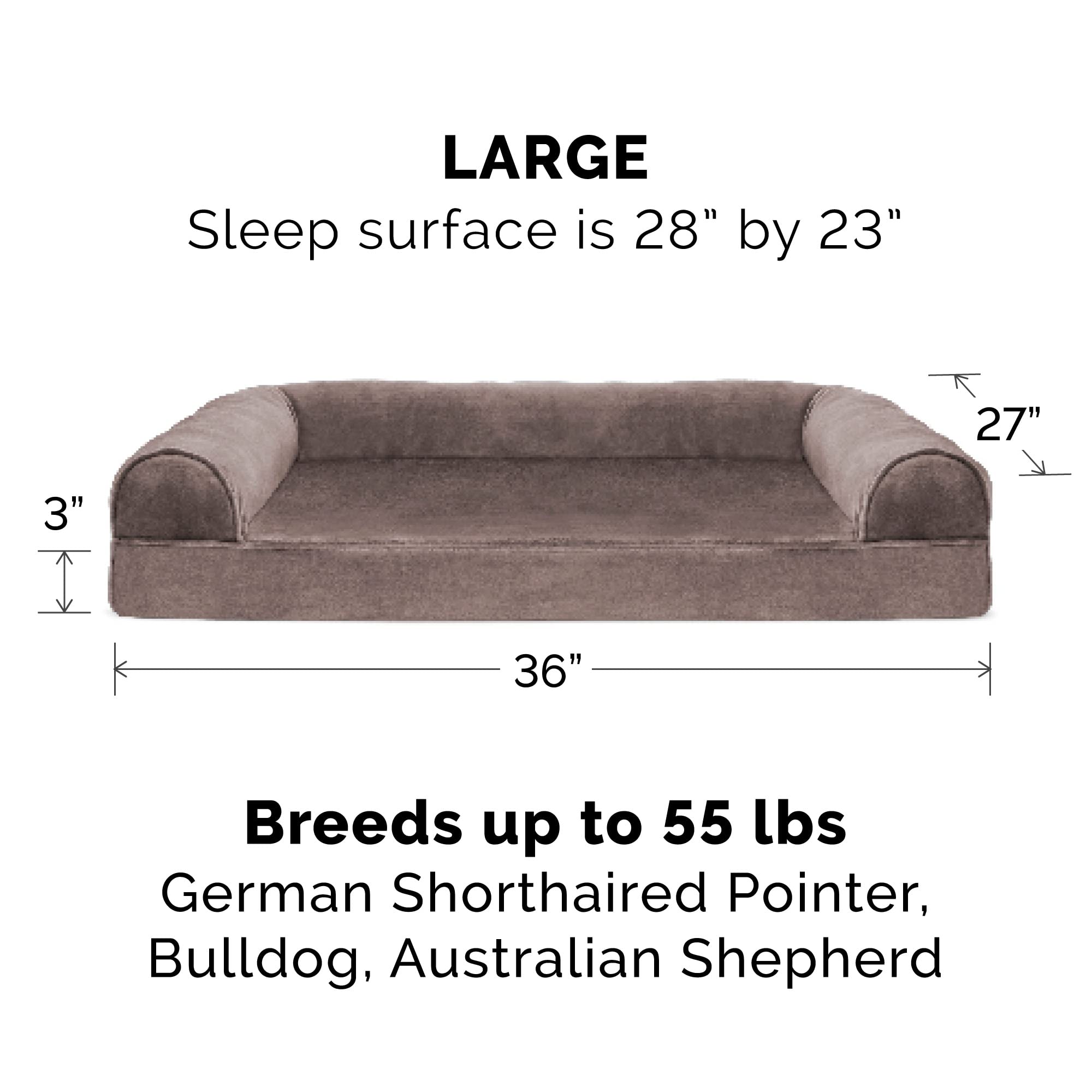 Furhaven Orthopedic Dog Bed For Large/Medium Dogs W/ Removable Bolsters & Washable Cover, For Dogs Up To 55 Lbs - Faux Fur & Velvet Sofa - Driftwood Brown, Large