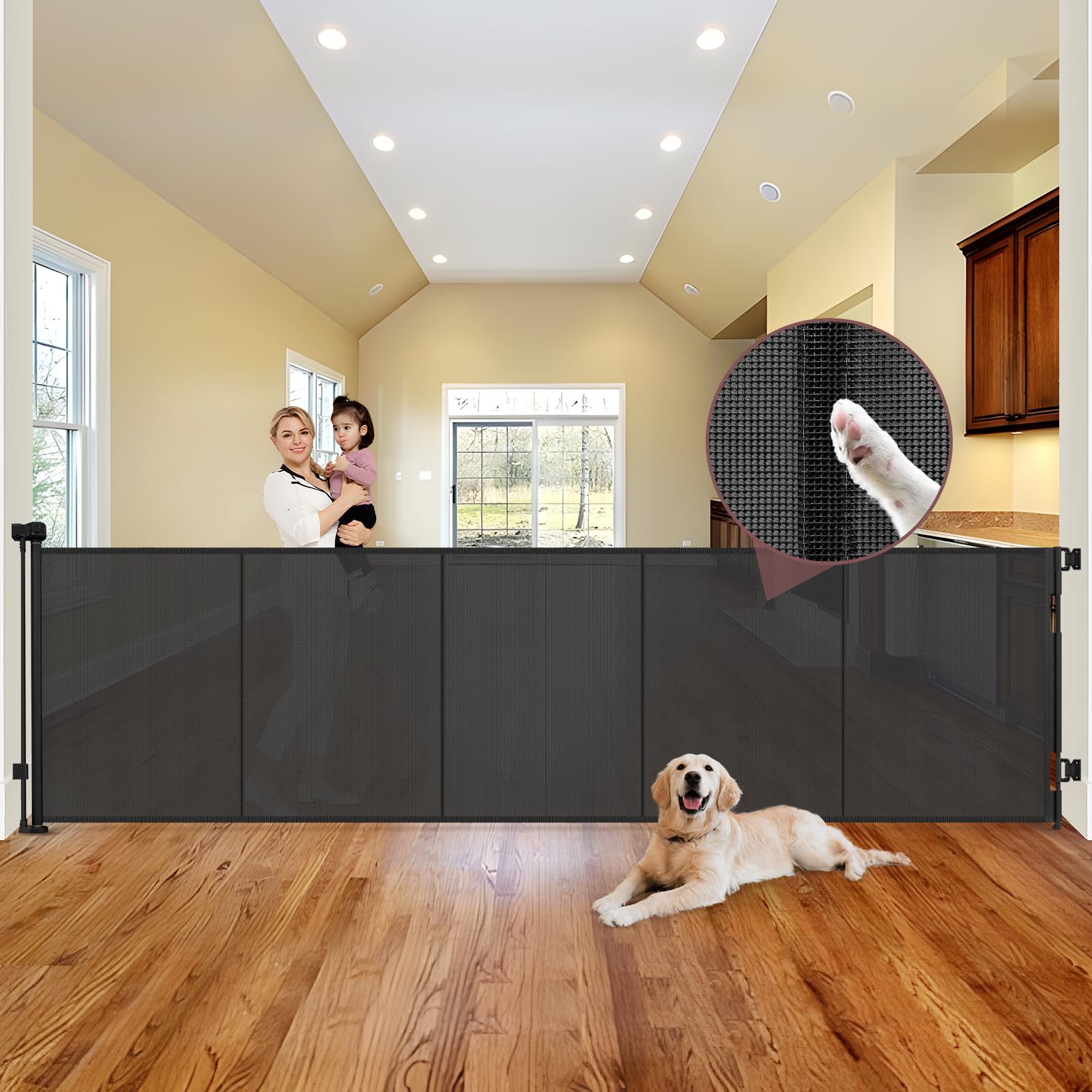 Reinforced 41'' Tall    120'' Extra Wide Retractable Baby Gate with Support Rods, Indoor Extra Long Baby Gate Retractable Dog Ga