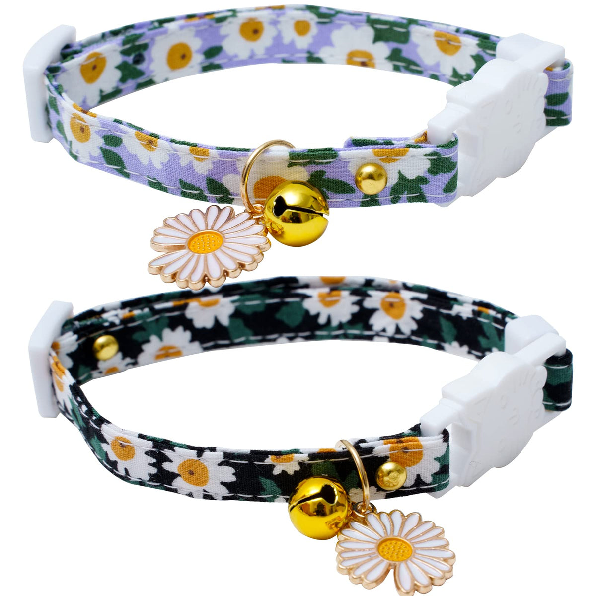 Faygarsle 2 Pack Cotton Breakaway Cat Collars With Bell Daisy Pendant Kitty Kitten Collars Black Blue Collar For Female Girl Cats Male Boy Cats